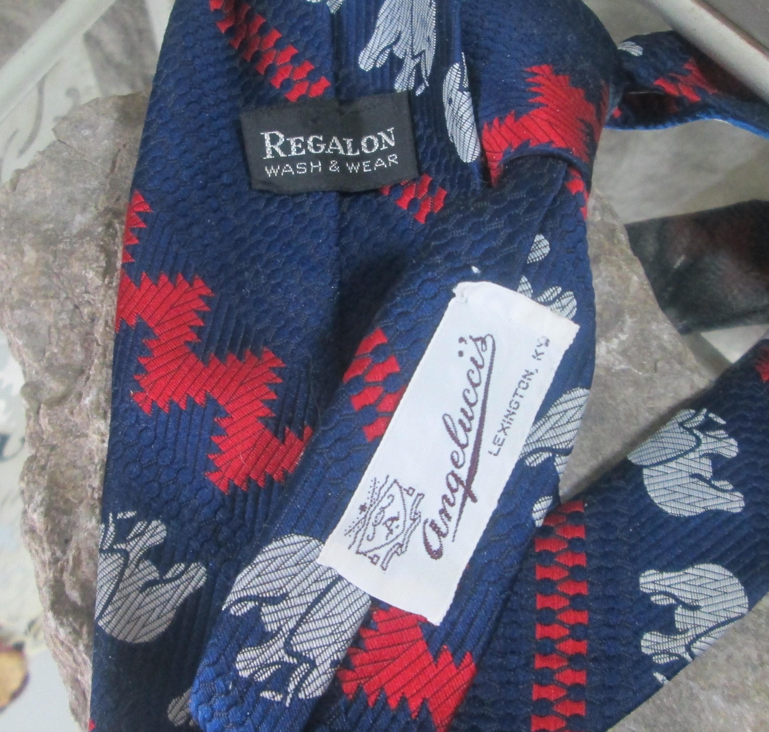 Vintage Regalon Elephant Print Red and Navy Tie - Thumbnail 3