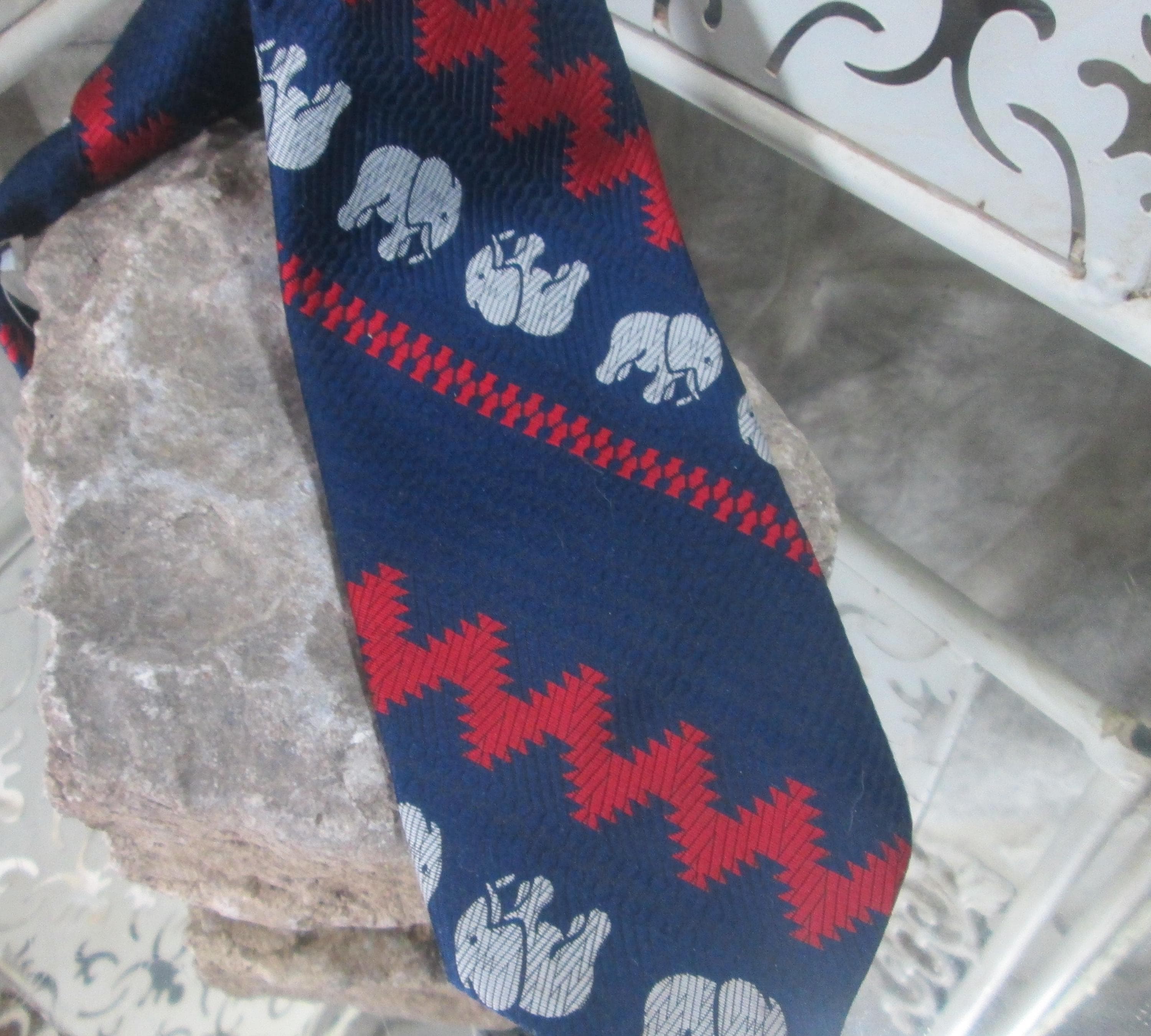 Vintage Regalon Elephant Print Red and Navy Tie - Thumbnail 2