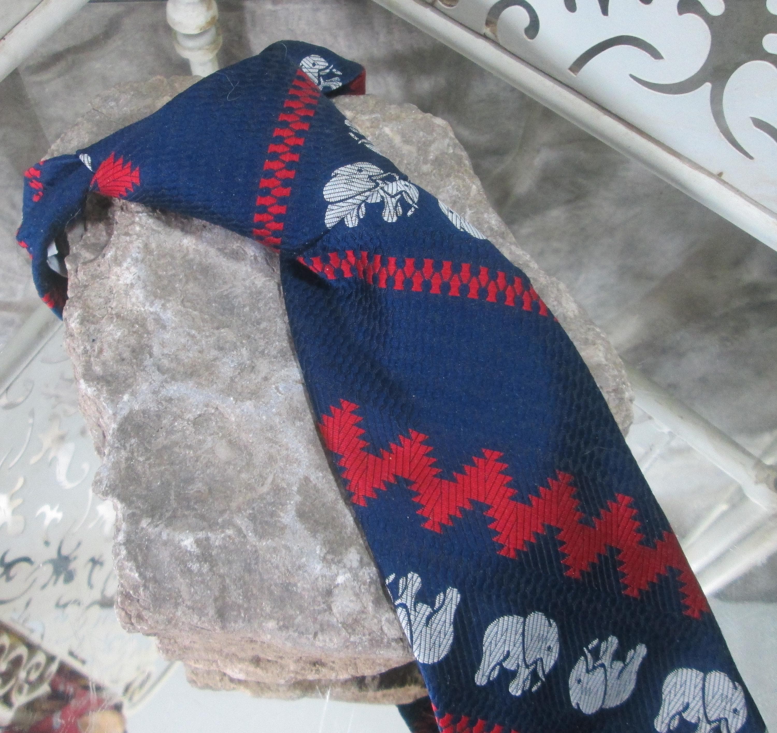 Vintage Regalon Elephant Print Red and Navy Tie