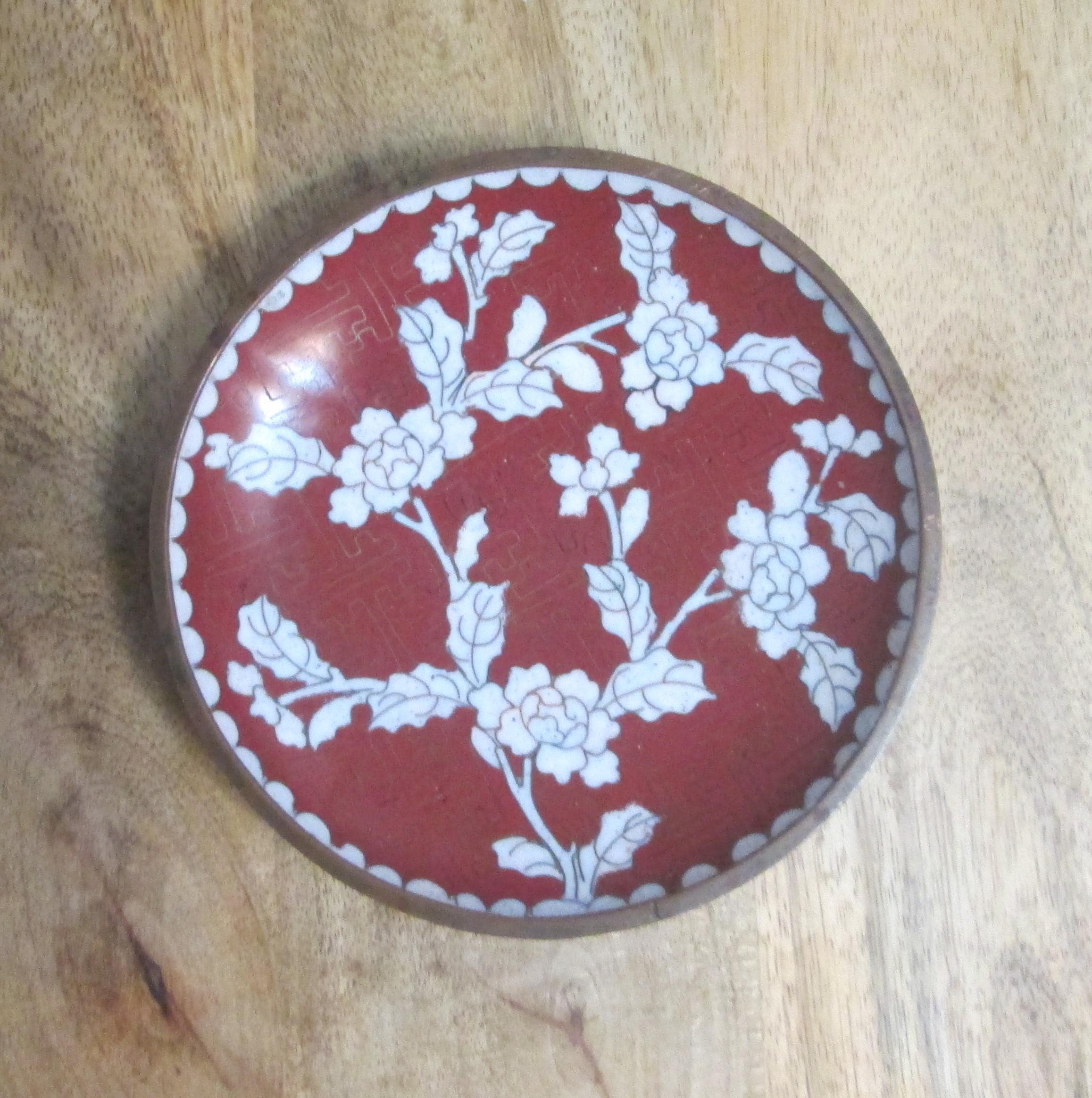 Antique Chinese Red Enamel White Floral Cloisonne Dish