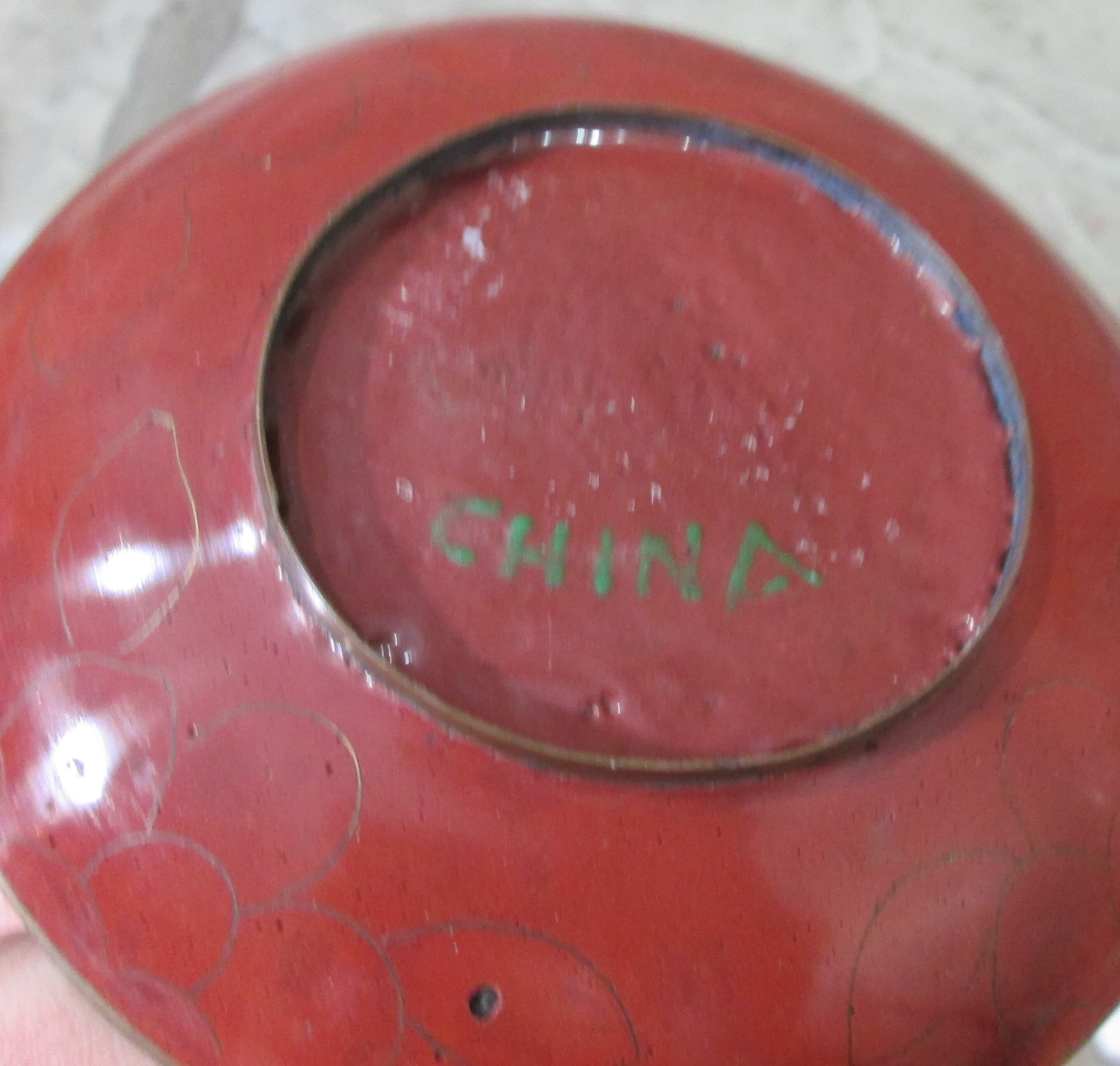 Antique Chinese Red Enamel White Floral Cloisonne Dish - Thumbnail 2