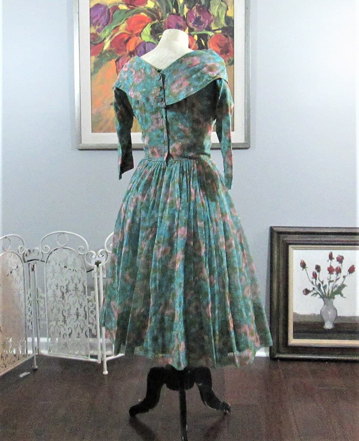 Vintage 1950's Floral Watercolor Chiffon Party Dress - Thumbnail 3
