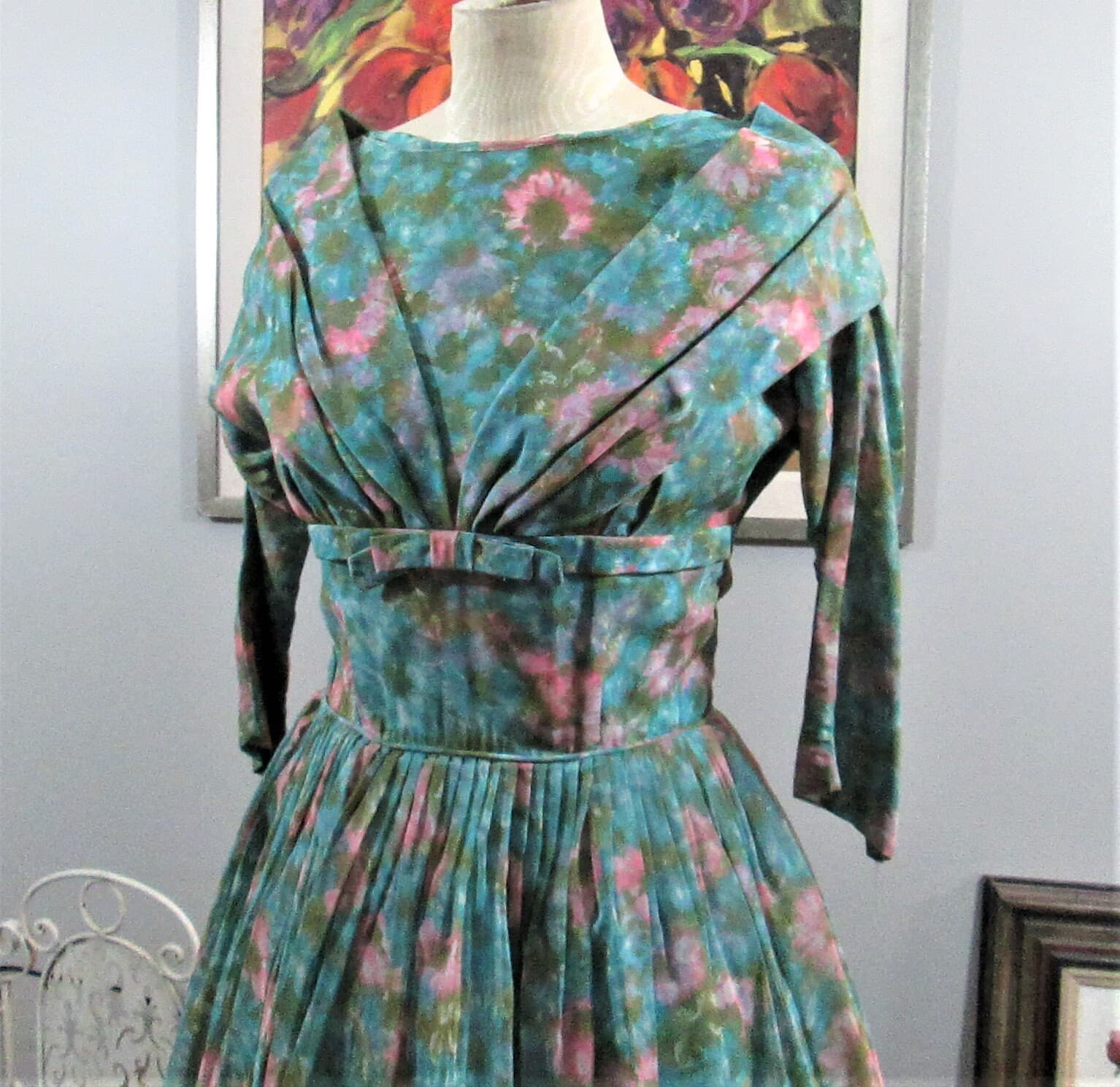 Vintage 1950's Floral Watercolor Chiffon Party Dress - Thumbnail 2