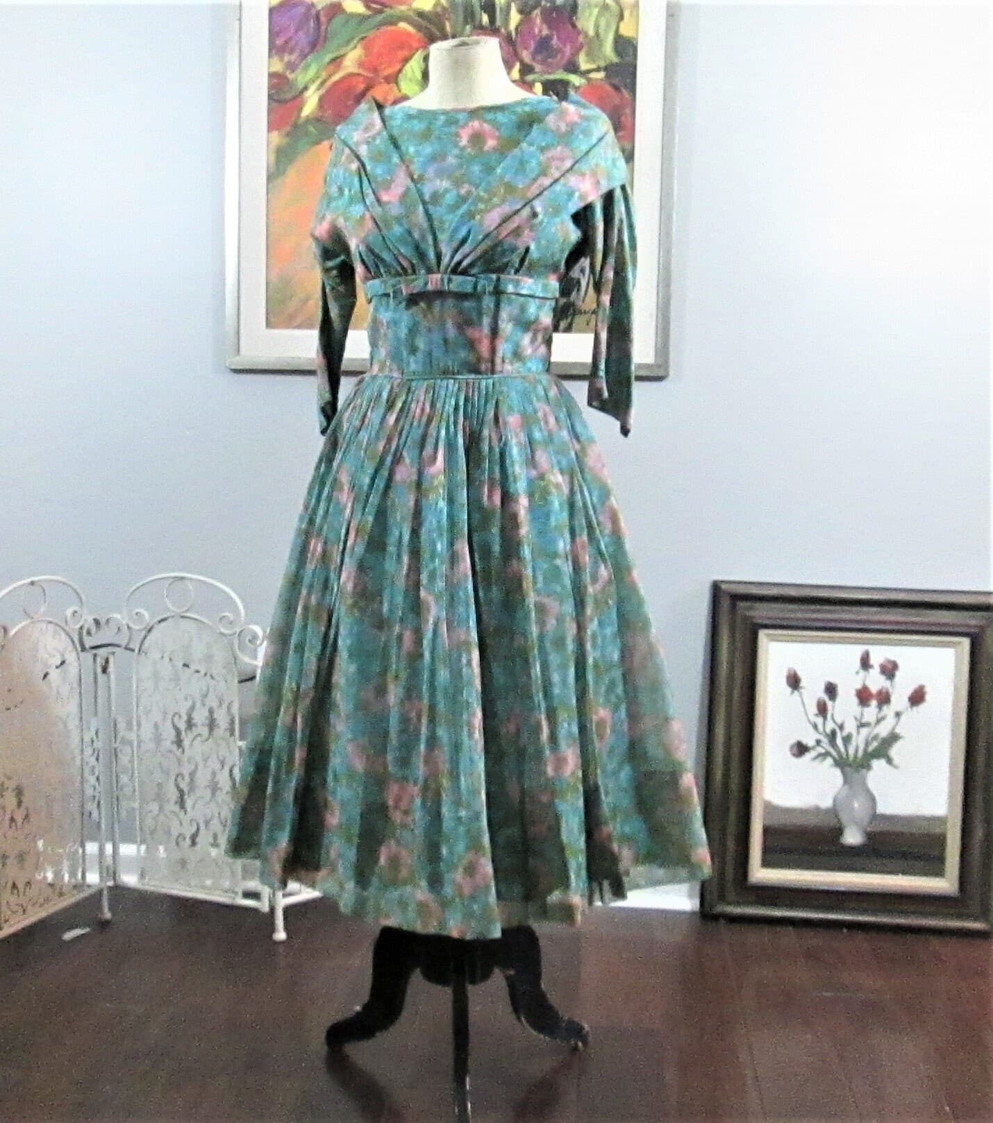 Vintage 1950's Floral Watercolor Chiffon Party Dress