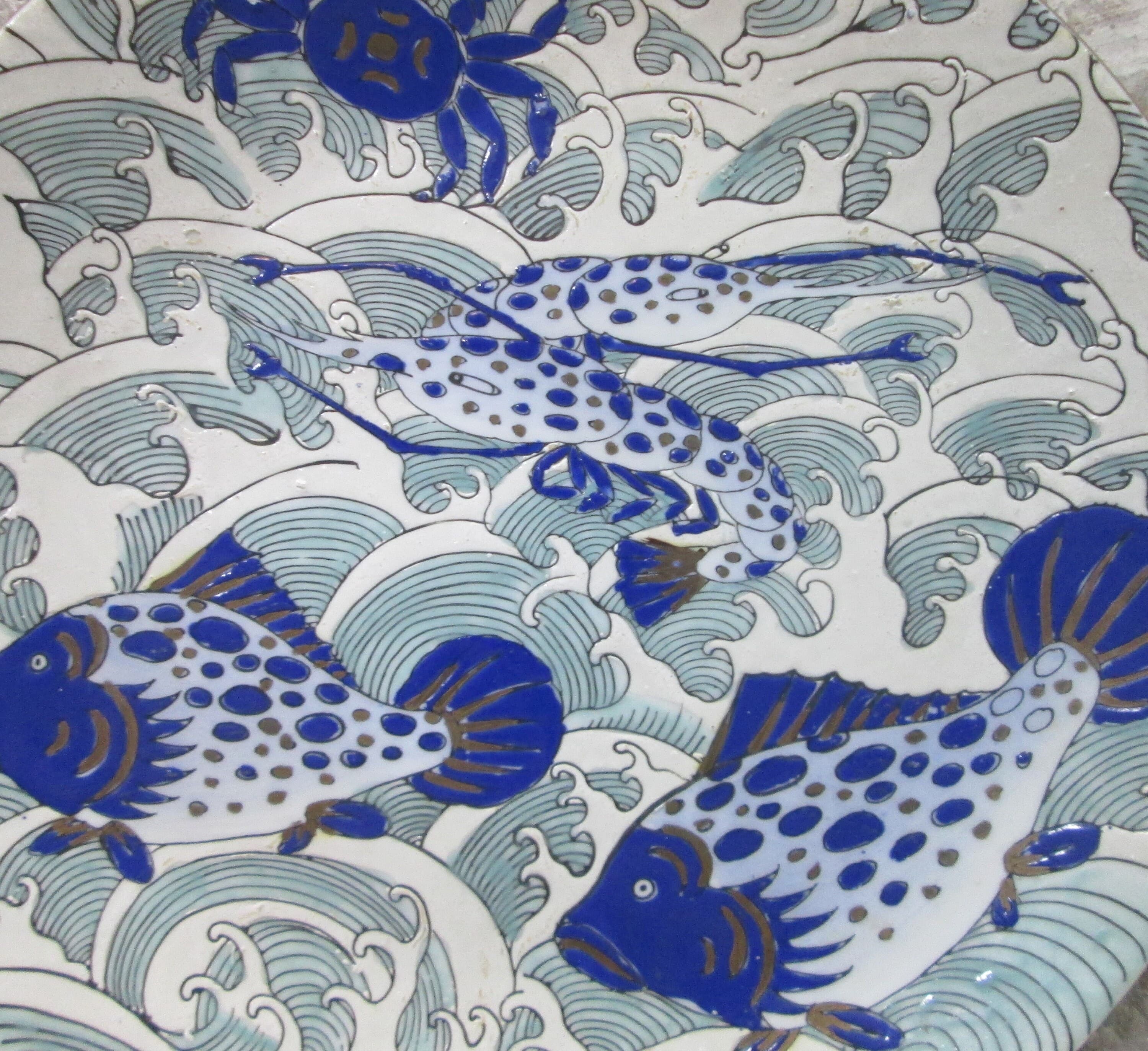 Vintage Chinese Enamel Fish and Crab Pattern Plate - Thumbnail 2