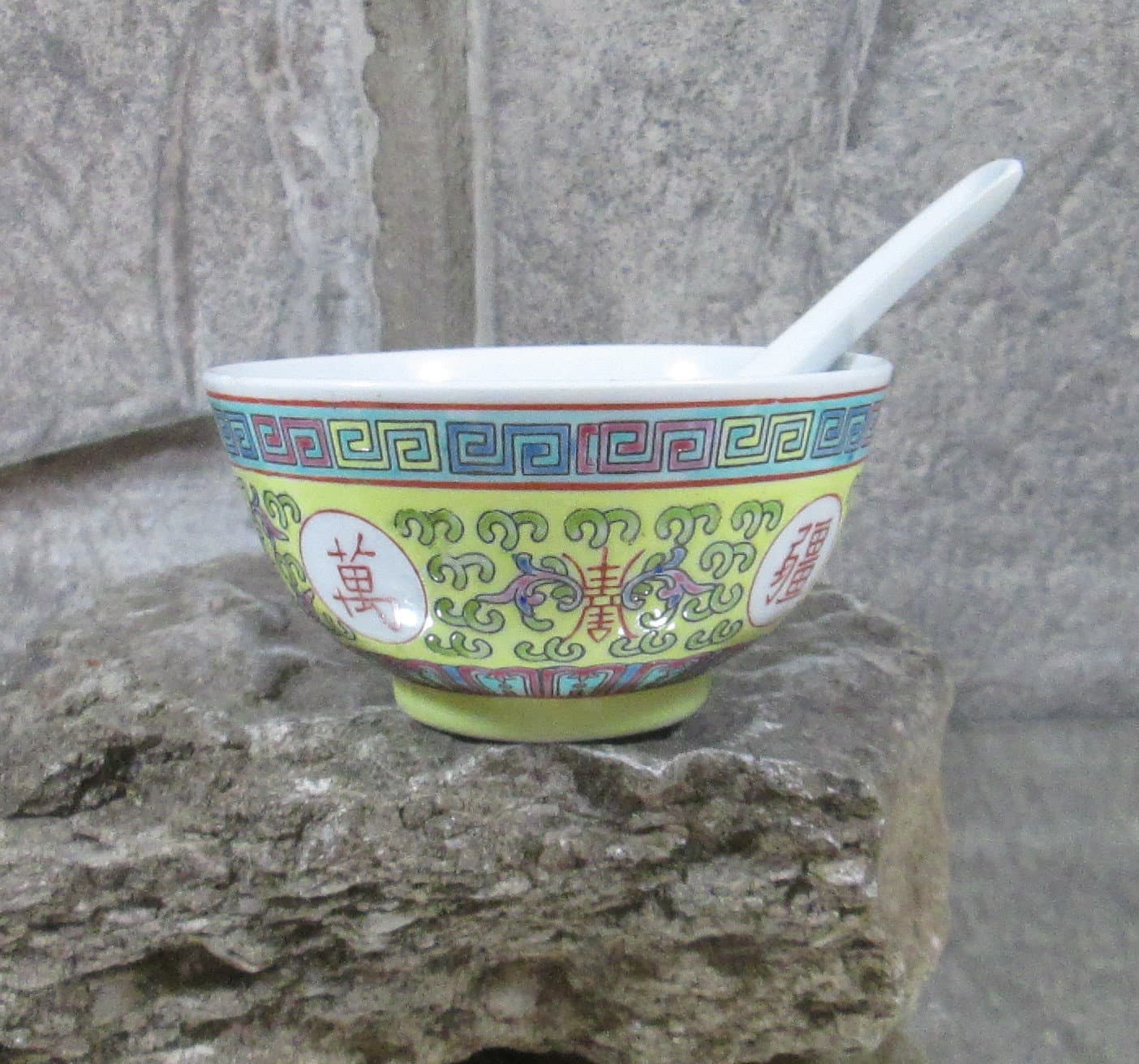 Vintage Chinese Enamel Rice Bowl and Spoon