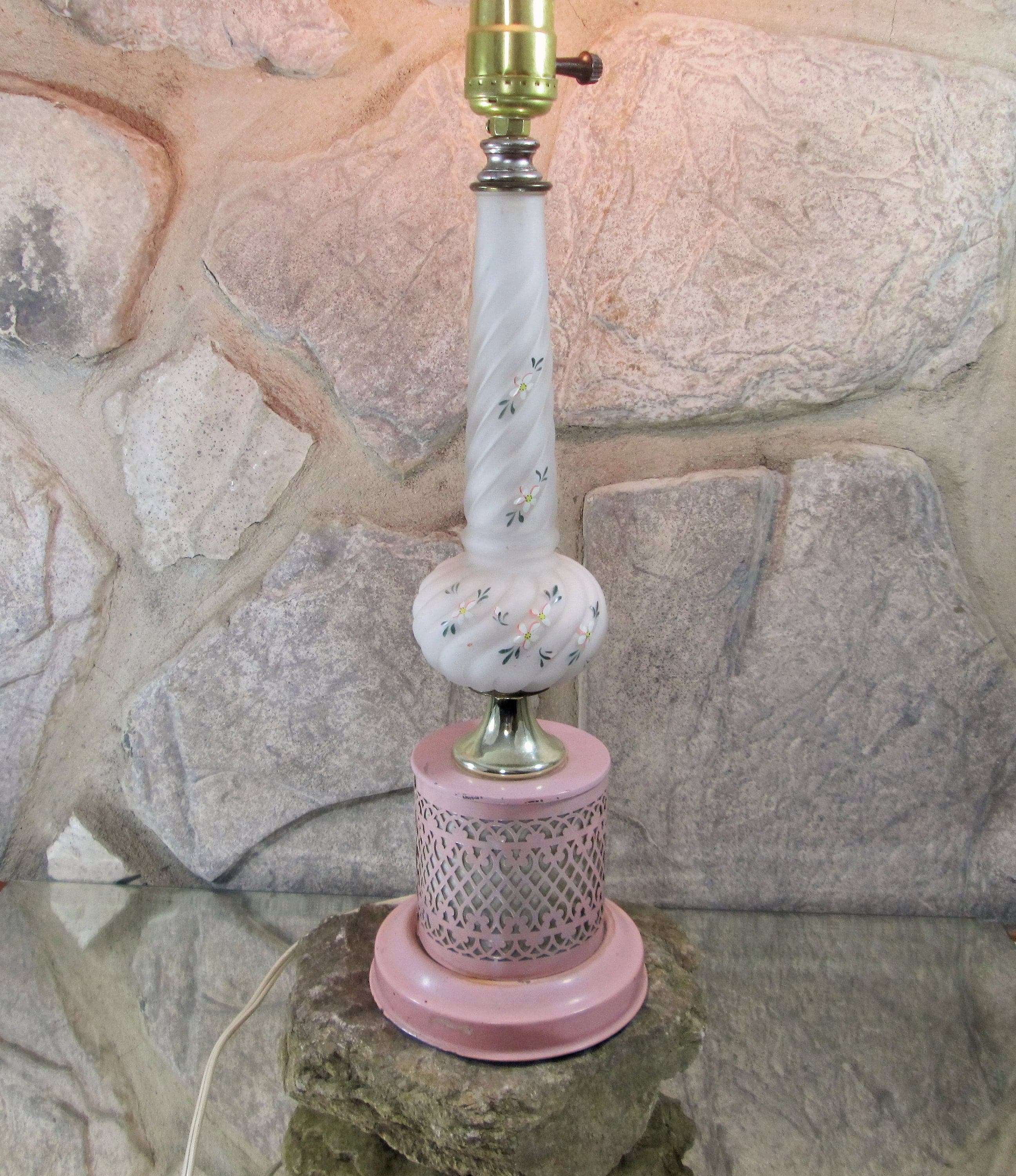 Vintage 30's Frosted Glass Pink Metal Base Lamp
