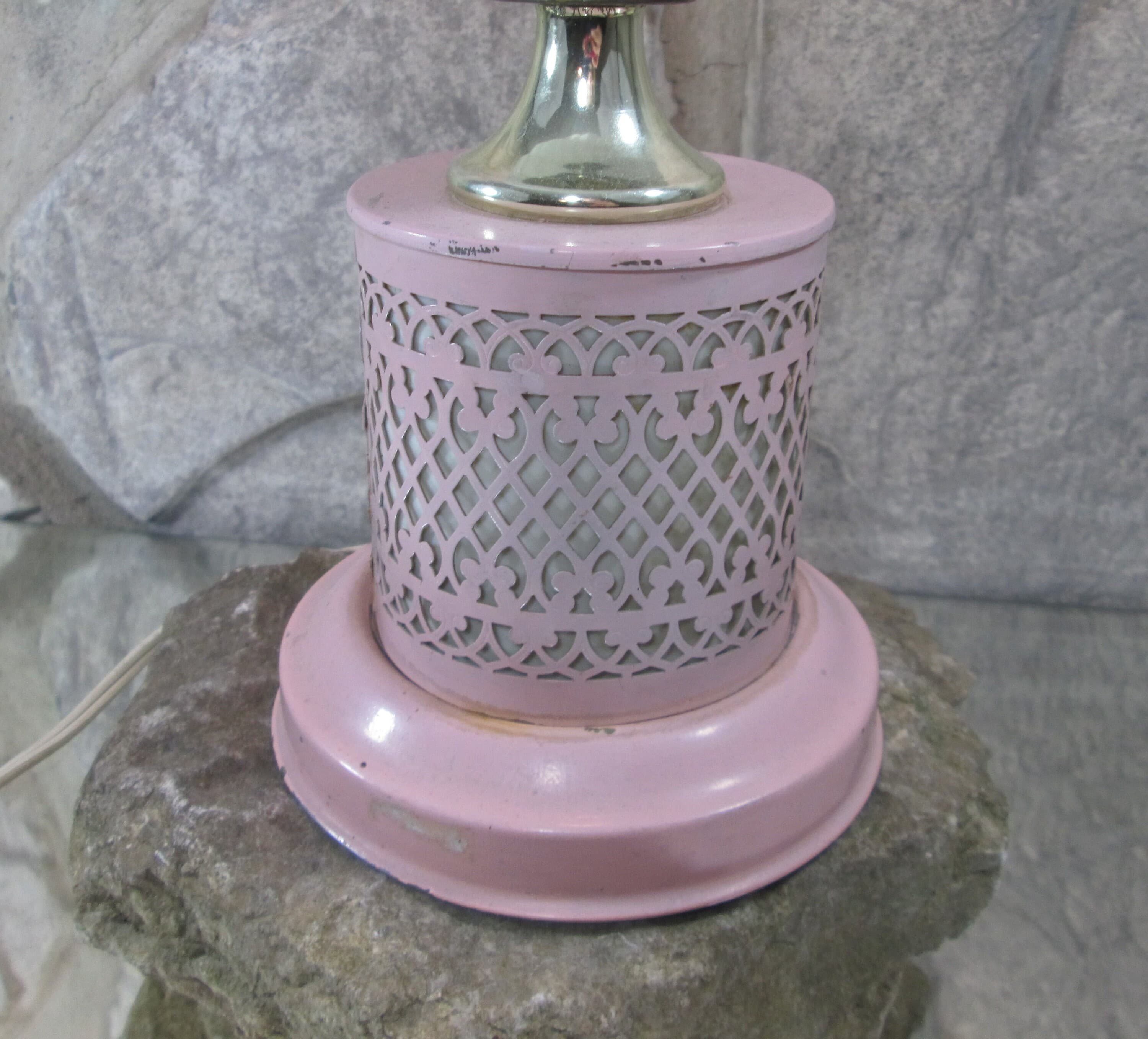 Vintage 30's Frosted Glass Pink Metal Base Lamp - Thumbnail 3