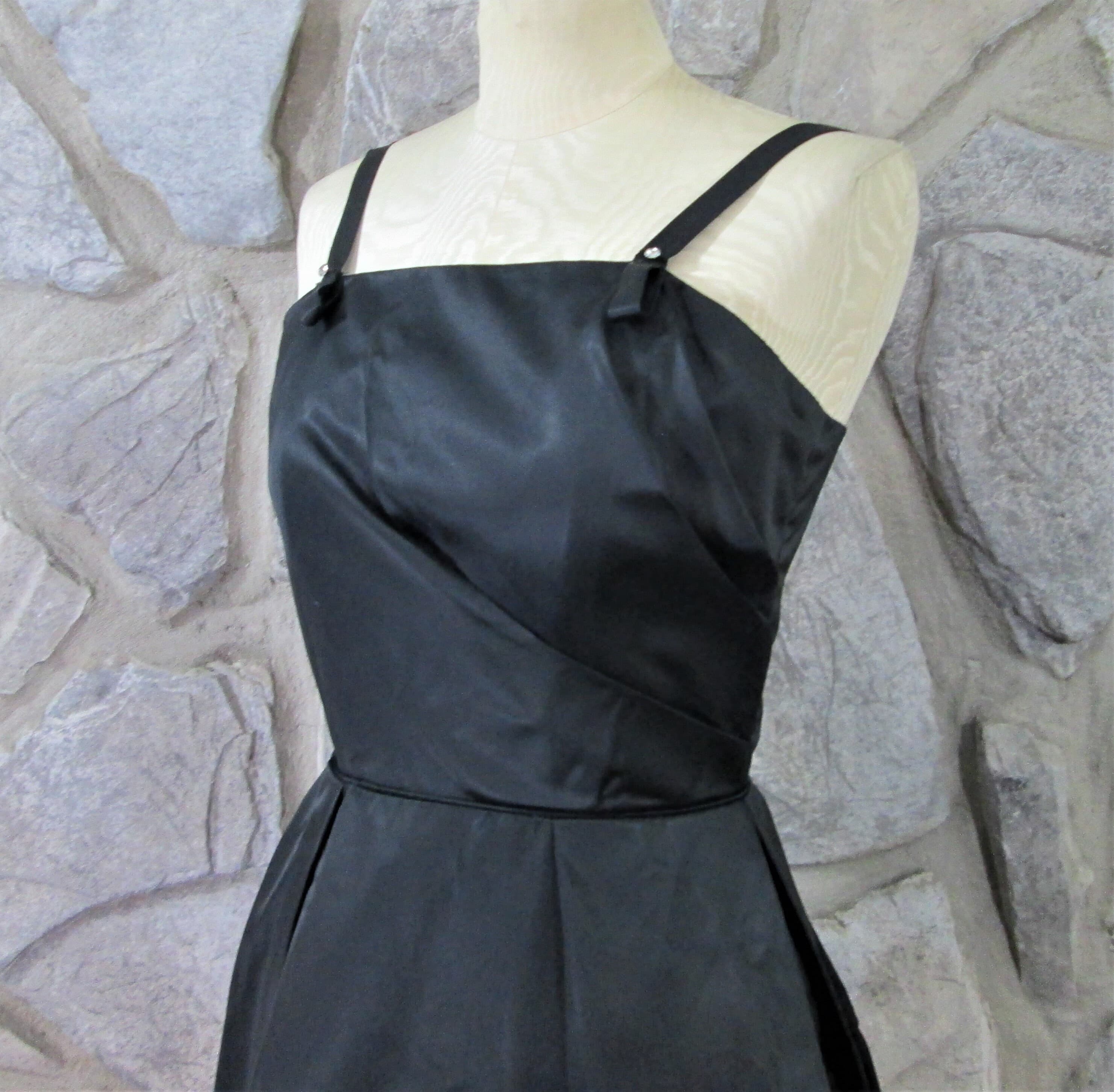 Vintage 50's Black Satin Designer LIttle Black Dress - Thumbnail 2