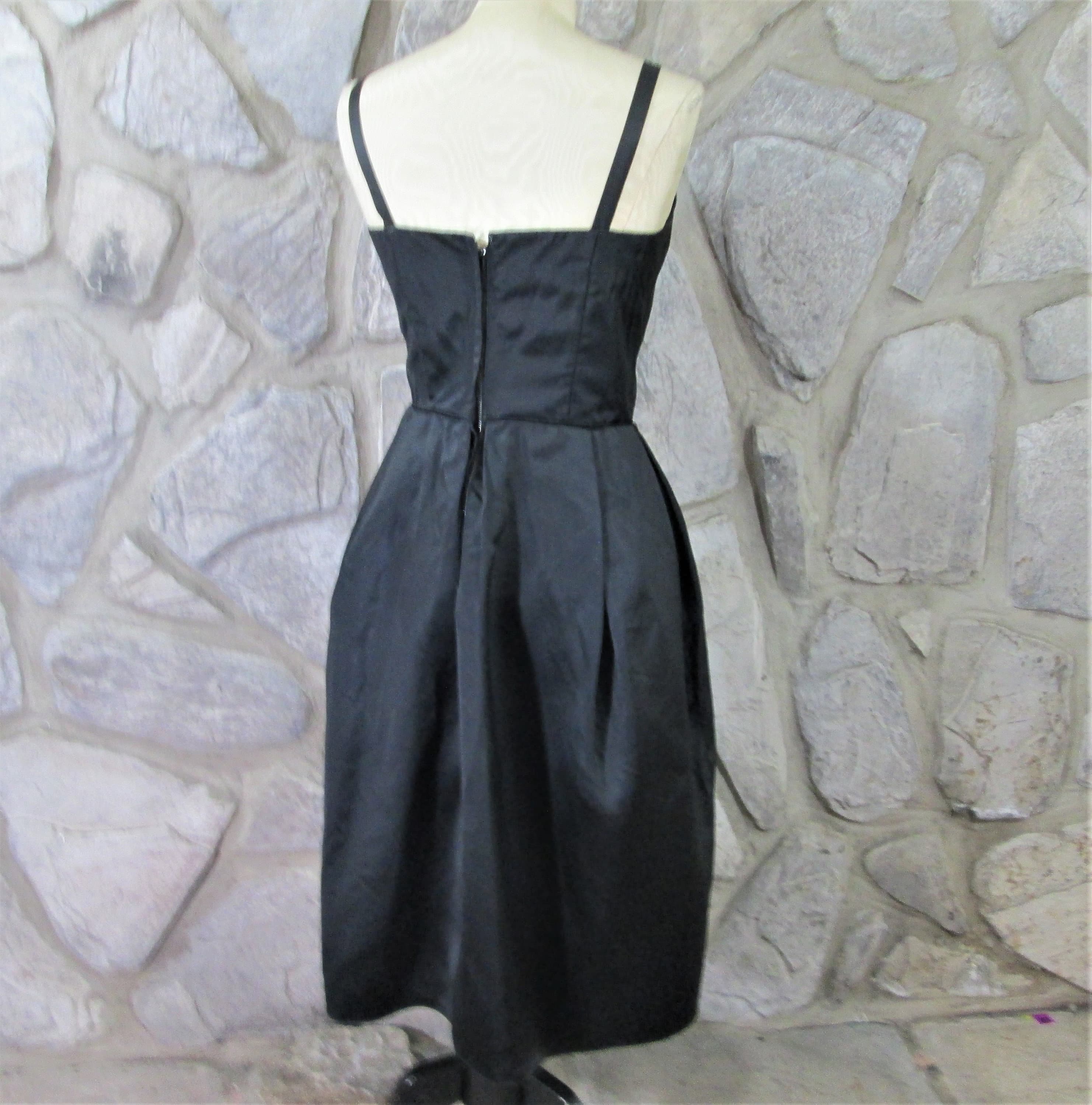 Vintage 50's Black Satin Designer LIttle Black Dress - Thumbnail 3