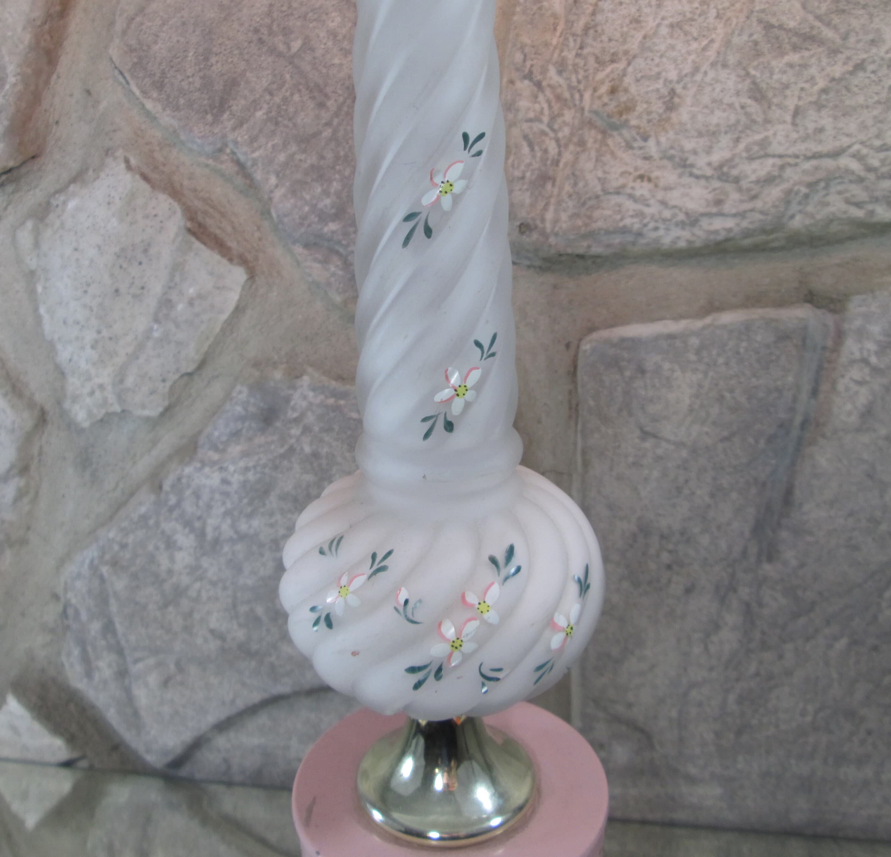 Vintage 30's Frosted Glass Pink Metal Base Lamp - Thumbnail 2