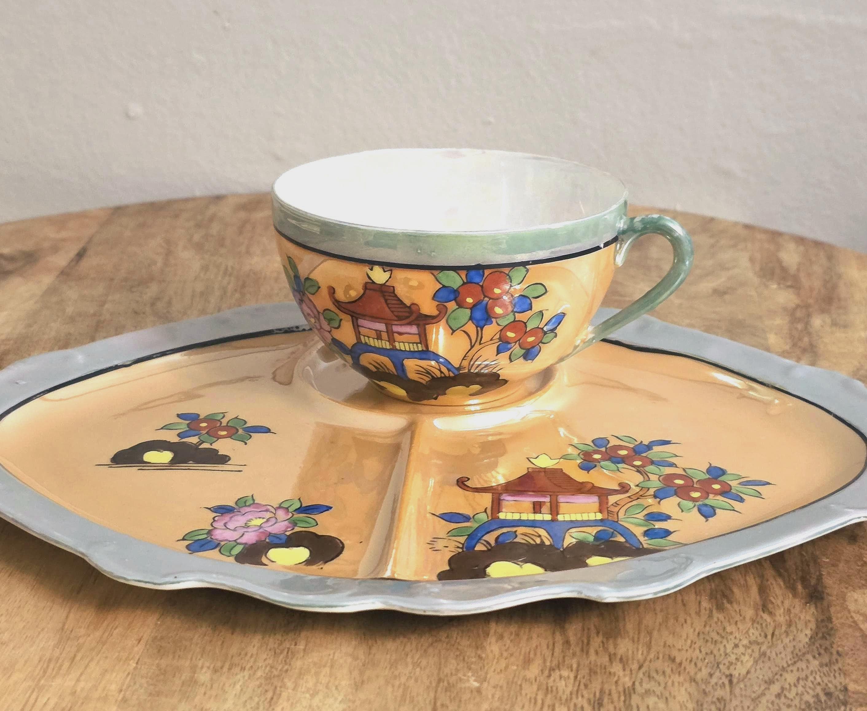 Vintage Japanese Peach Luster Ware Snack Set, 2 Available