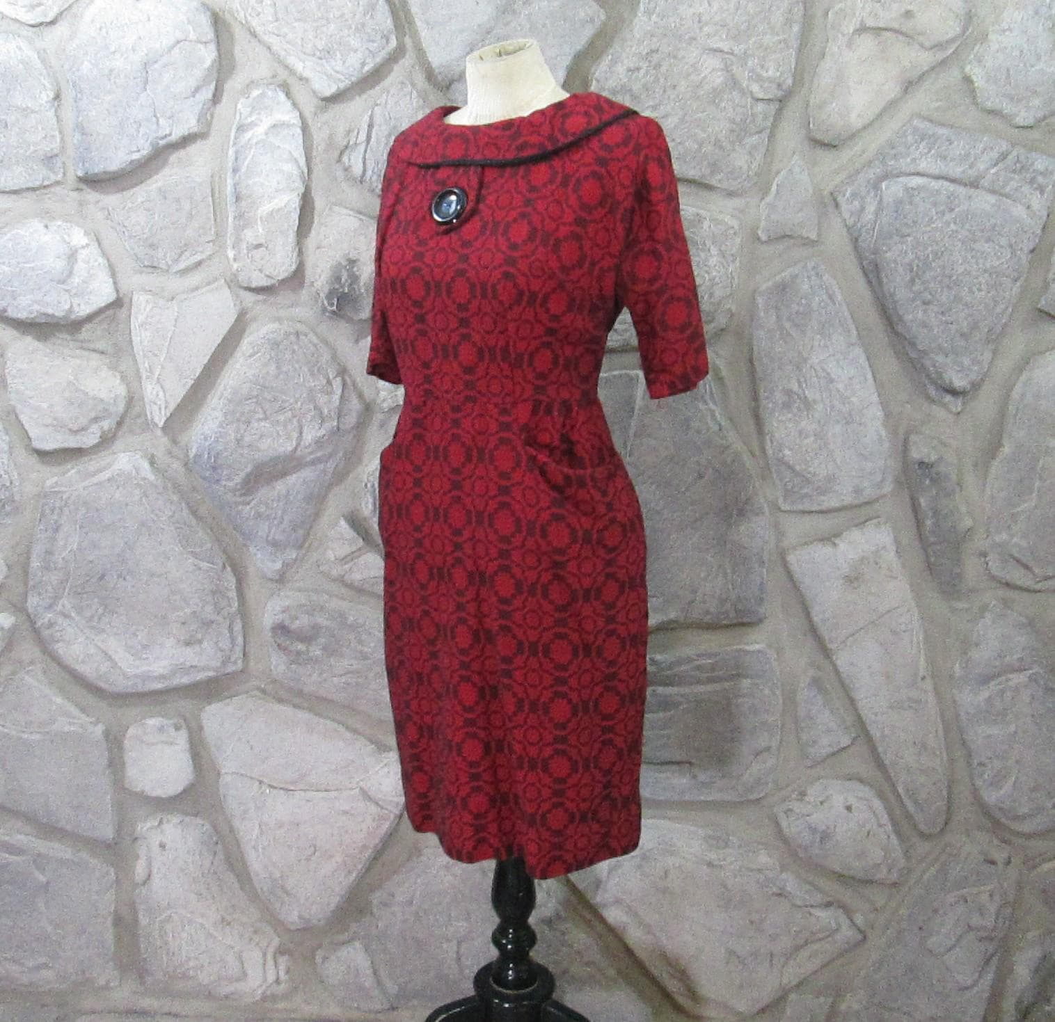 Vintage 1950's Red and Black Brocade Pattern Dress