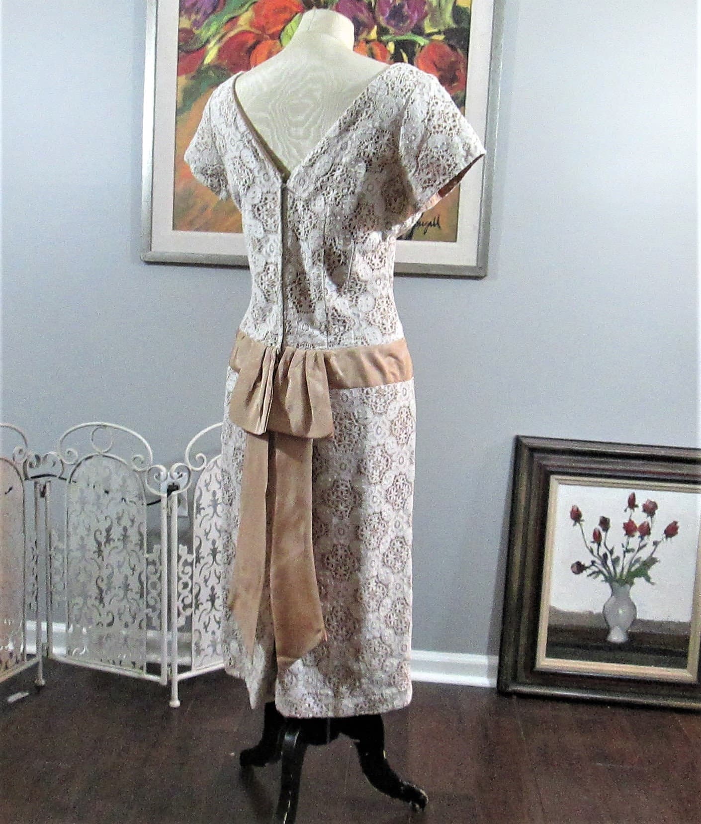 Vintage Cream Lace Cocktail Dress - Thumbnail 3