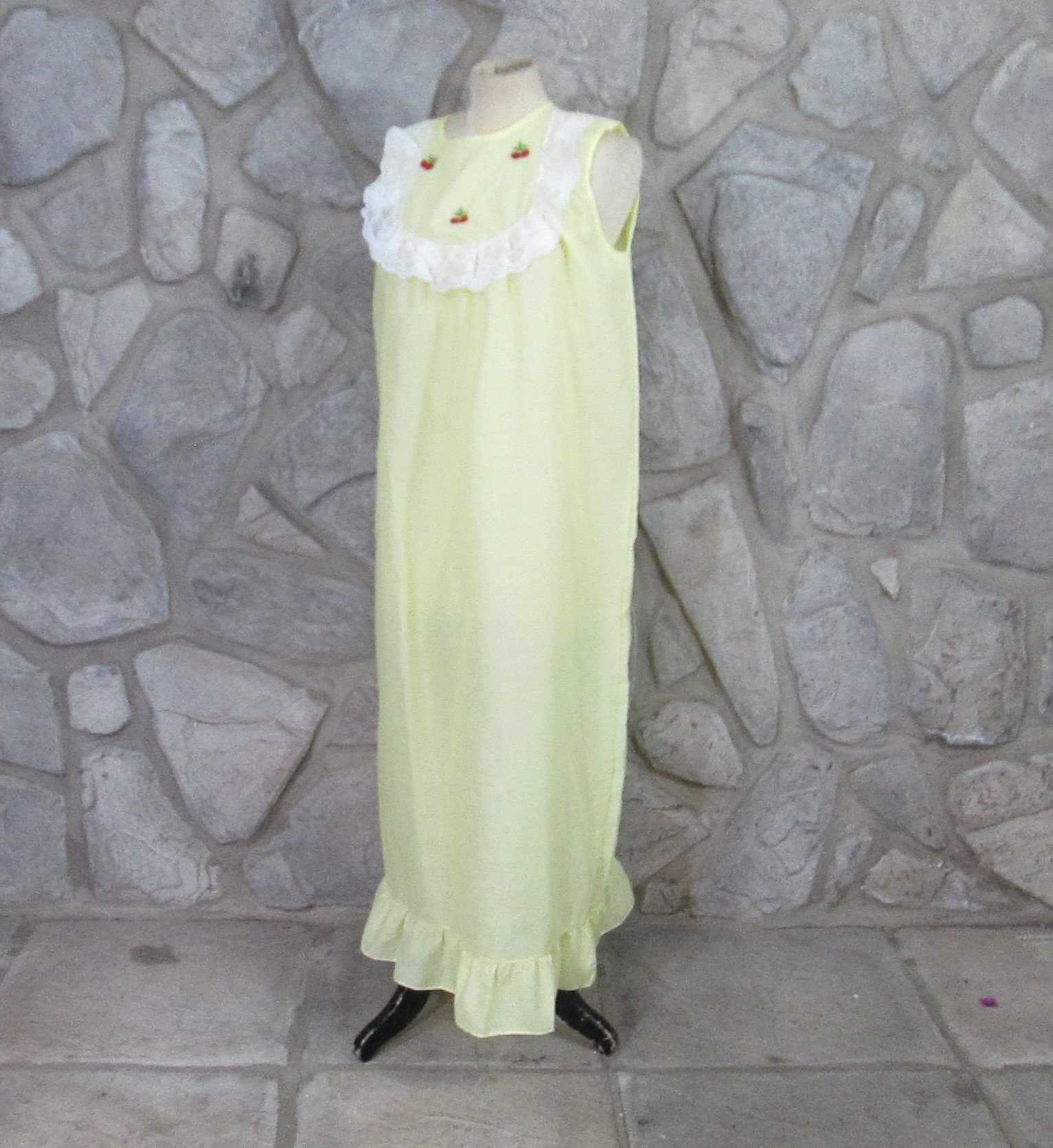 Vintage Yellow Cotton Blend Nightgown With Cherry Decoration