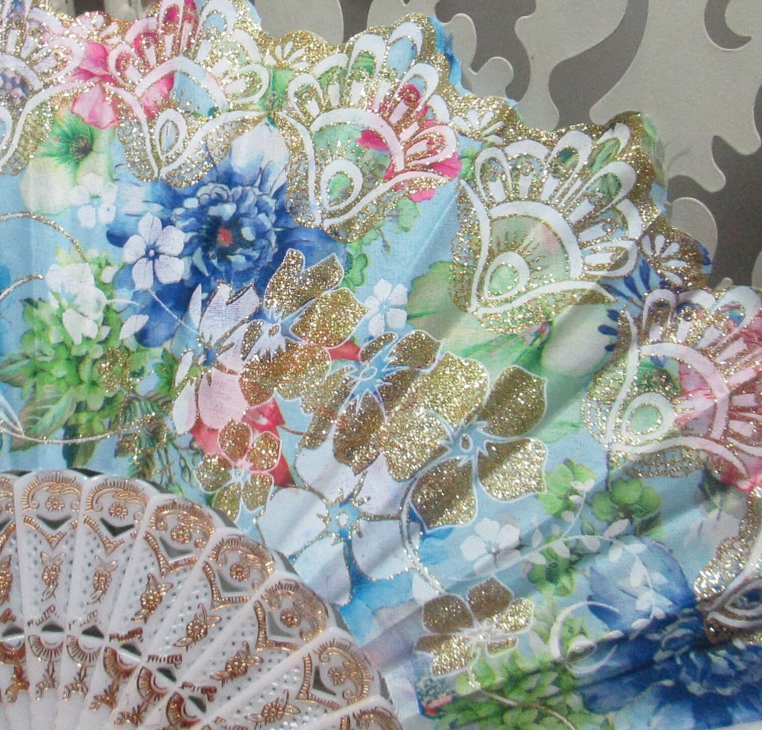 Vintage Floral Fabric Fan - Thumbnail 2