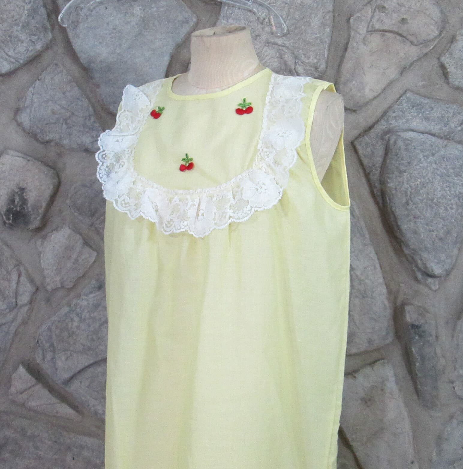 Vintage Yellow Cotton Blend Nightgown With Cherry Decoration - Thumbnail 2