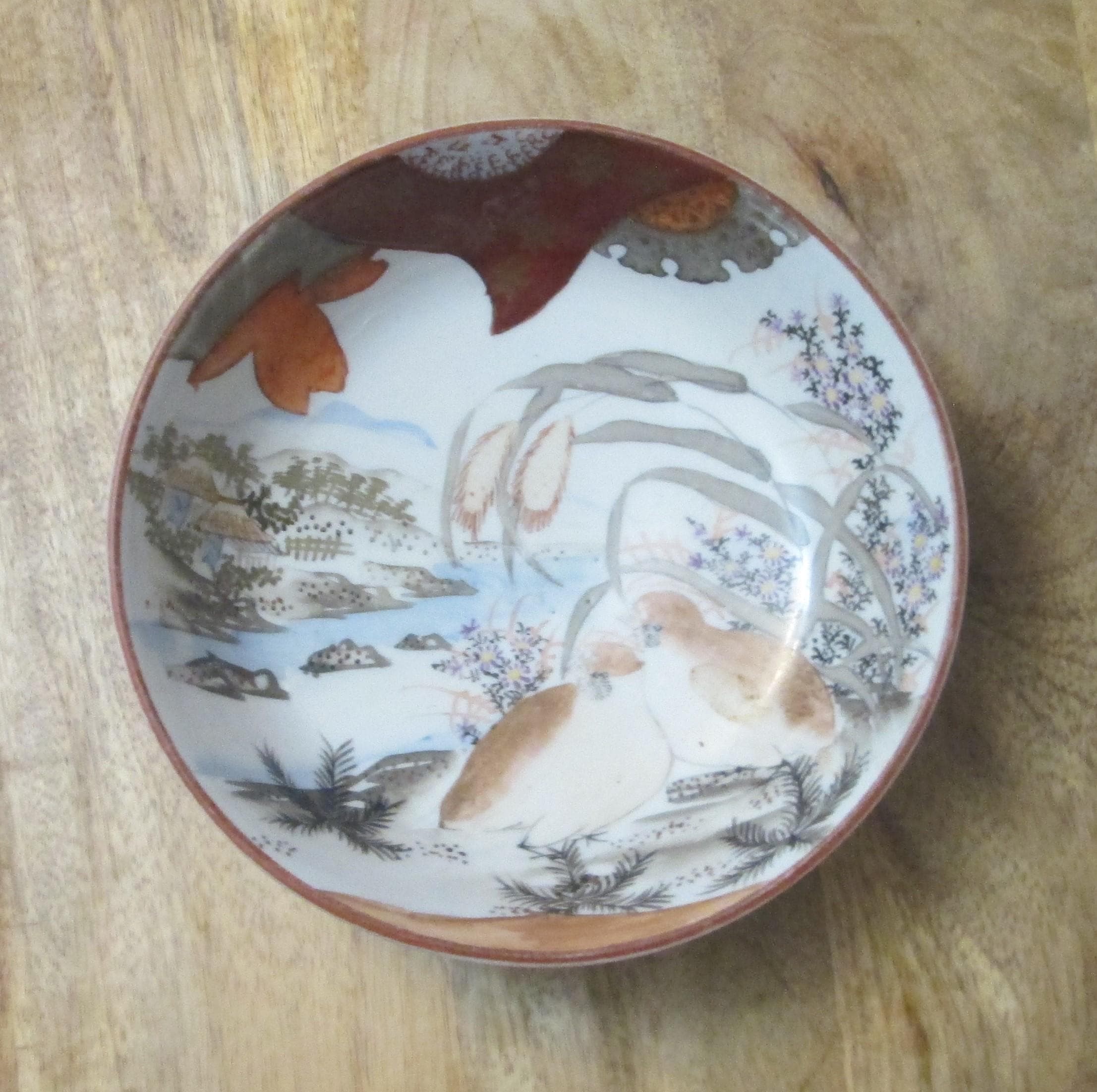 Antique Japanese Kutani Bird Pattern Porcelain Bowl