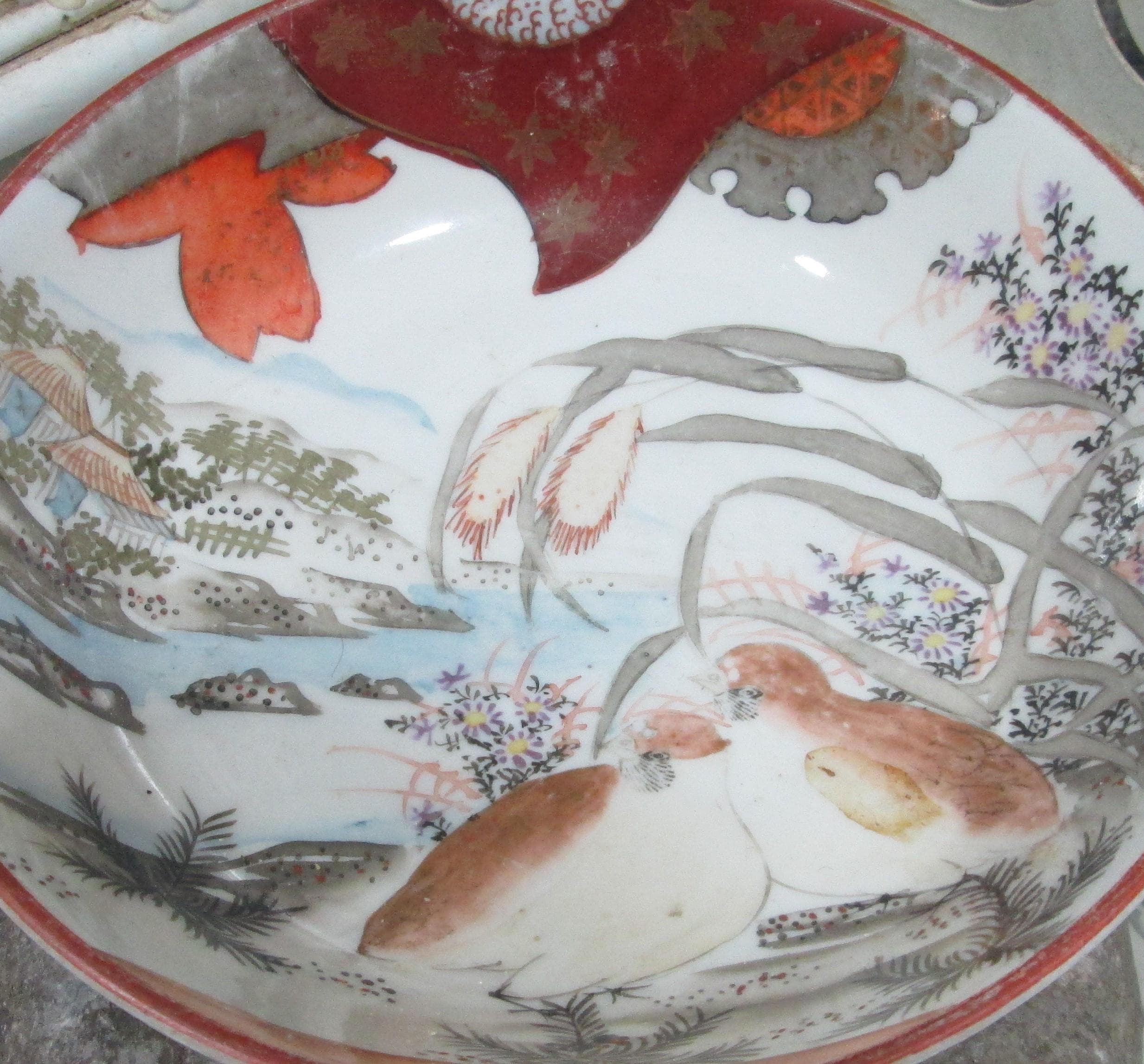 Antique Japanese Kutani Bird Pattern Porcelain Bowl - Thumbnail 2