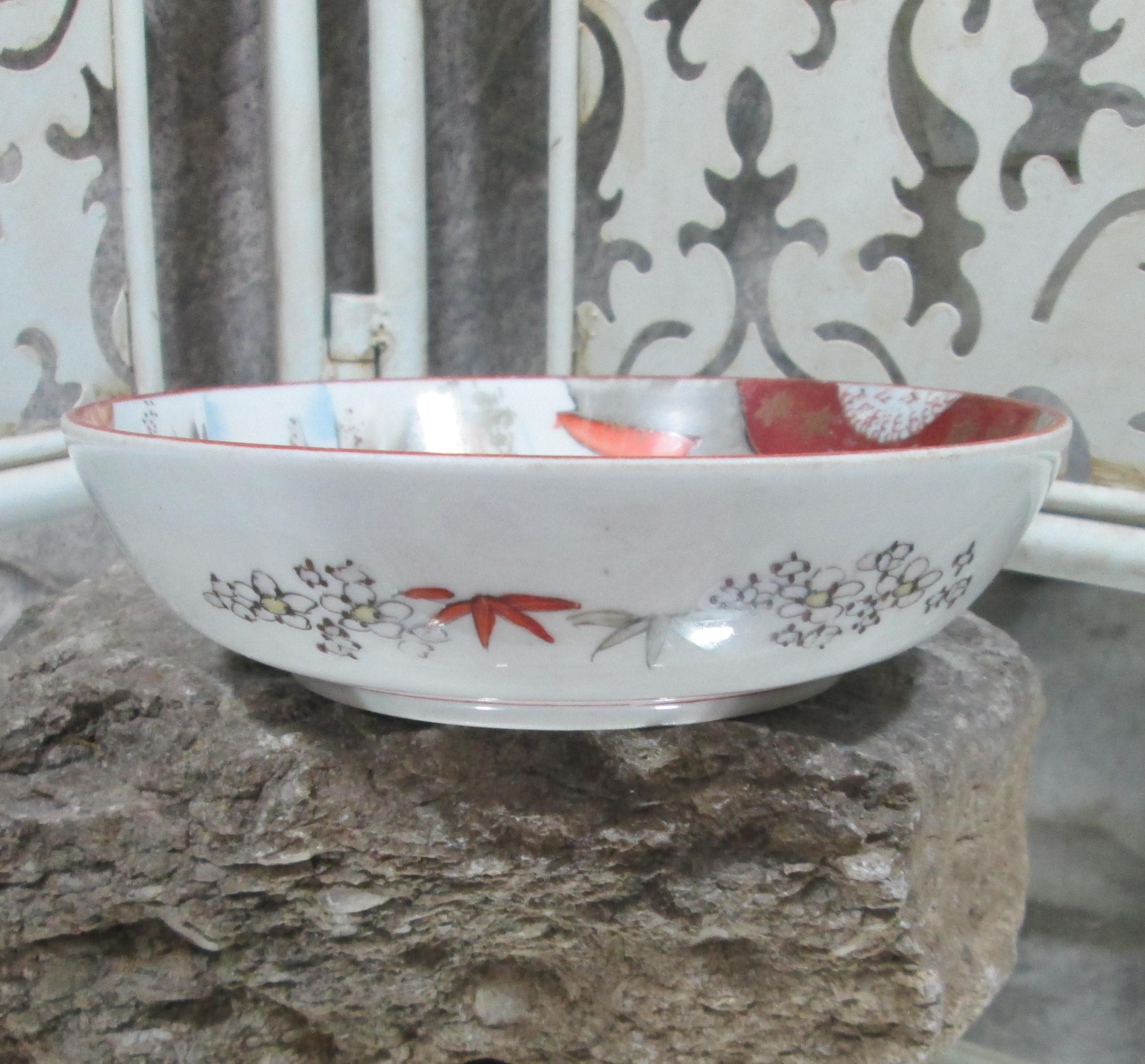 Antique Japanese Kutani Bird Pattern Porcelain Bowl - Thumbnail 4