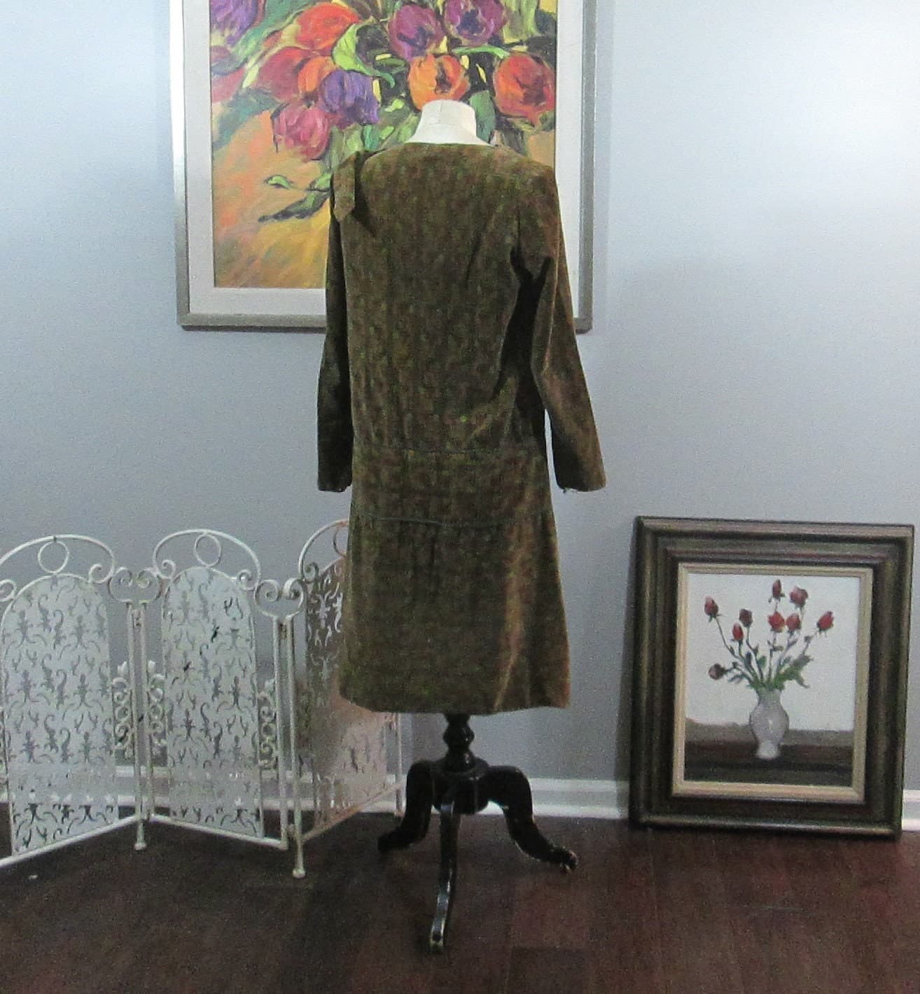 Vintage 1920's Green Velvet Patterned Day Dress - Thumbnail 3