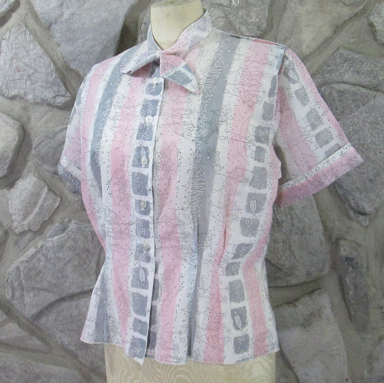 Vintage 1950's Modern Fish Print Semi-Sheer Blouse
