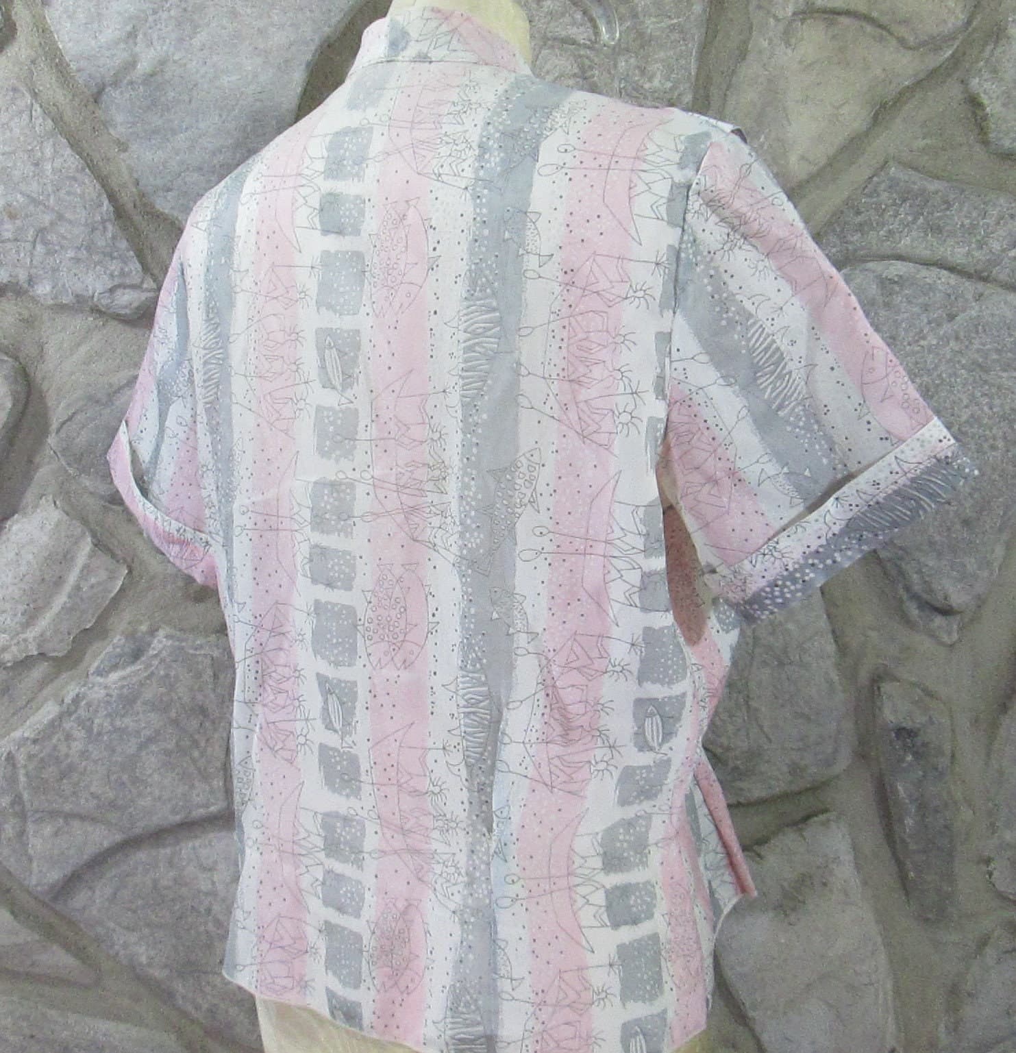 Vintage 1950's Modern Fish Print Semi-Sheer Blouse - Thumbnail 3