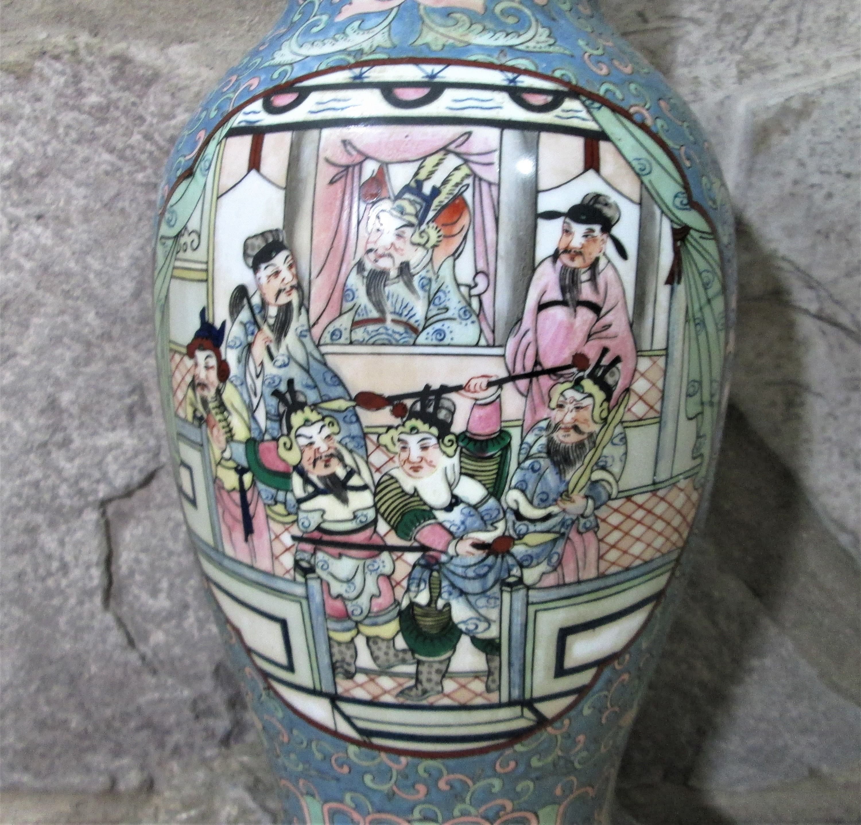 Vintage Chinese Enamel Macau Vase, Drilled for Lamp - Thumbnail 2
