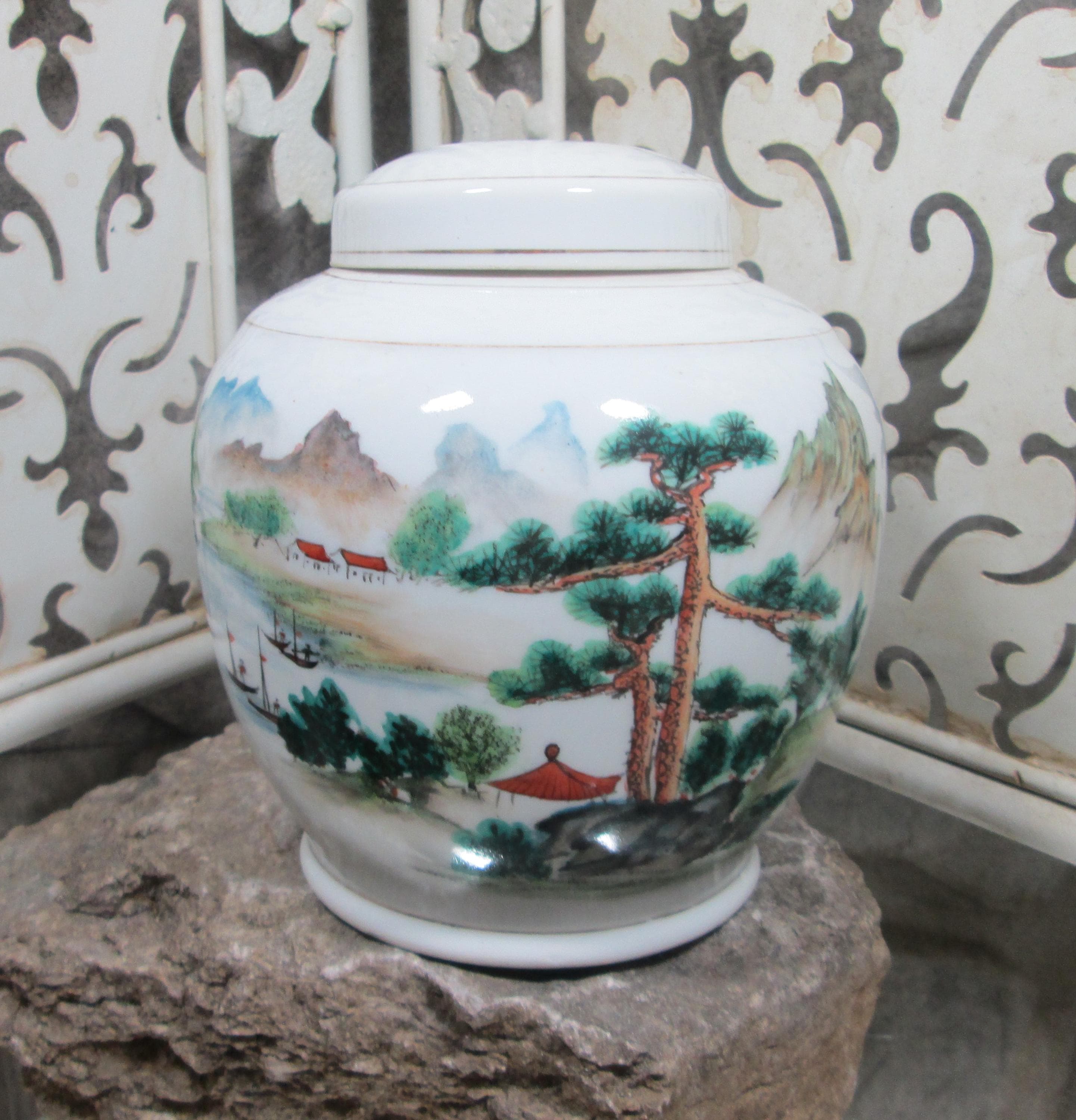 Vintage Chinese Hand Decorated Script Ginger Jar