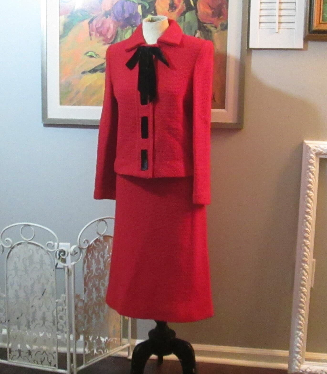 Vintage Red Castleberry Knit Suit with Black Velvet Trim