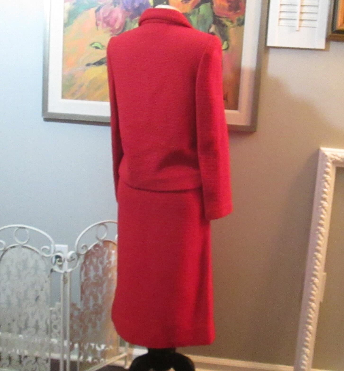 Vintage Red Castleberry Knit Suit with Black Velvet Trim - Thumbnail 3
