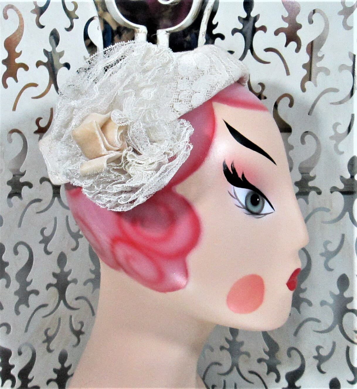 Vintage 1950's Cream Lace Wedding Hat - Thumbnail 2