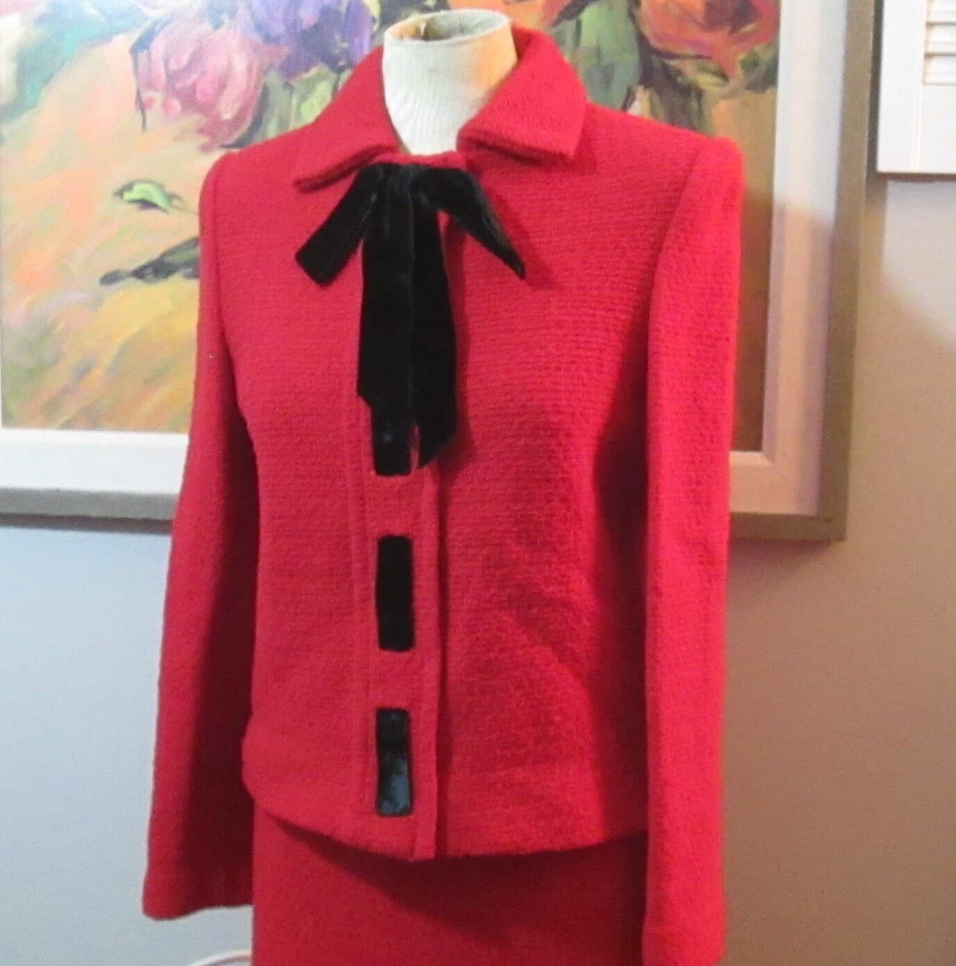 Vintage Red Castleberry Knit Suit with Black Velvet Trim - Thumbnail 2