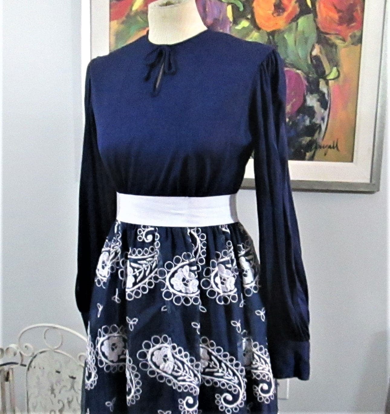Vintage 1960's Blue & White Embroidered Paisley Maxi Dress - Thumbnail 2