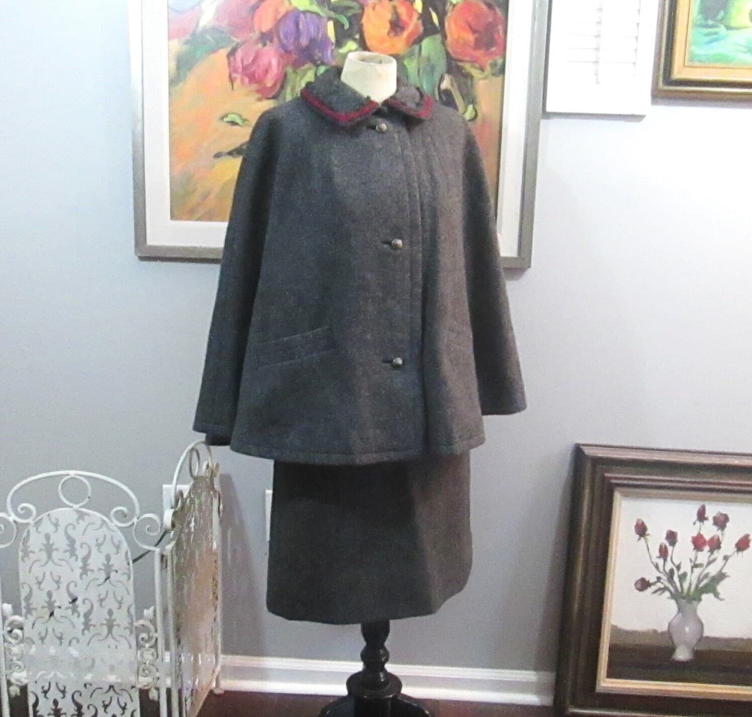 Vintage Resi Hammerer Austria Gray Wool Cape Suit - Thumbnail 2