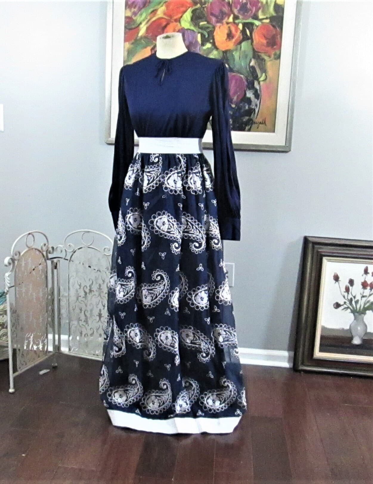 Vintage 1960's Blue & White Embroidered Paisley Maxi Dress