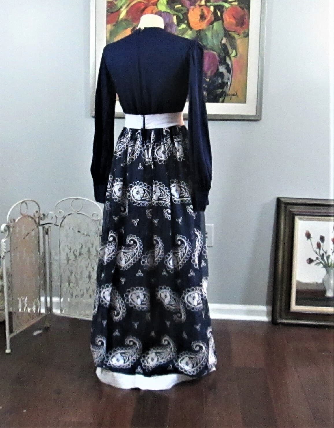 Vintage 1960's Blue & White Embroidered Paisley Maxi Dress - Thumbnail 3