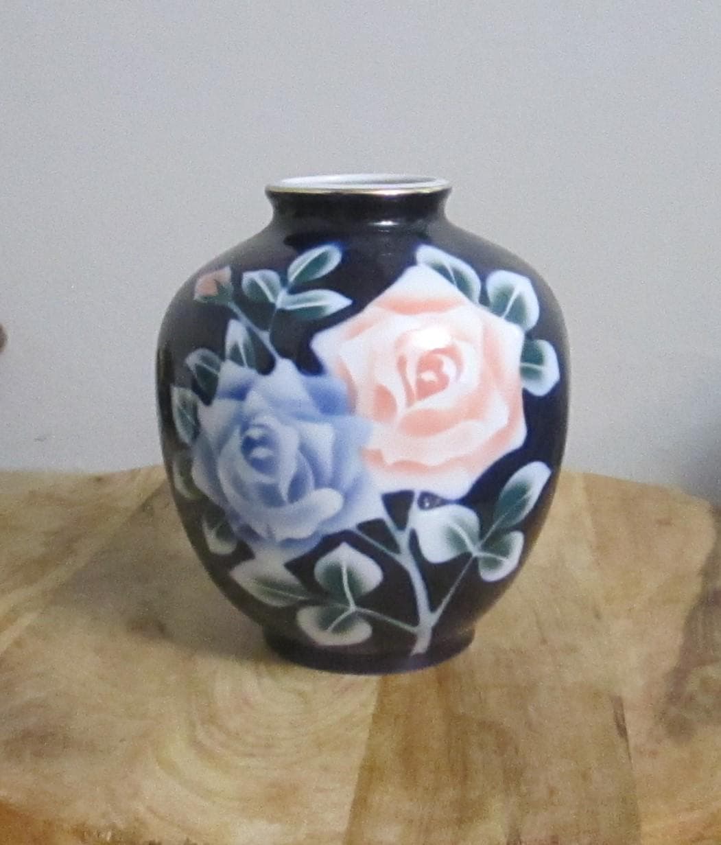 Vintage Japanese Cobalt Porcelain Rose Design Vase
