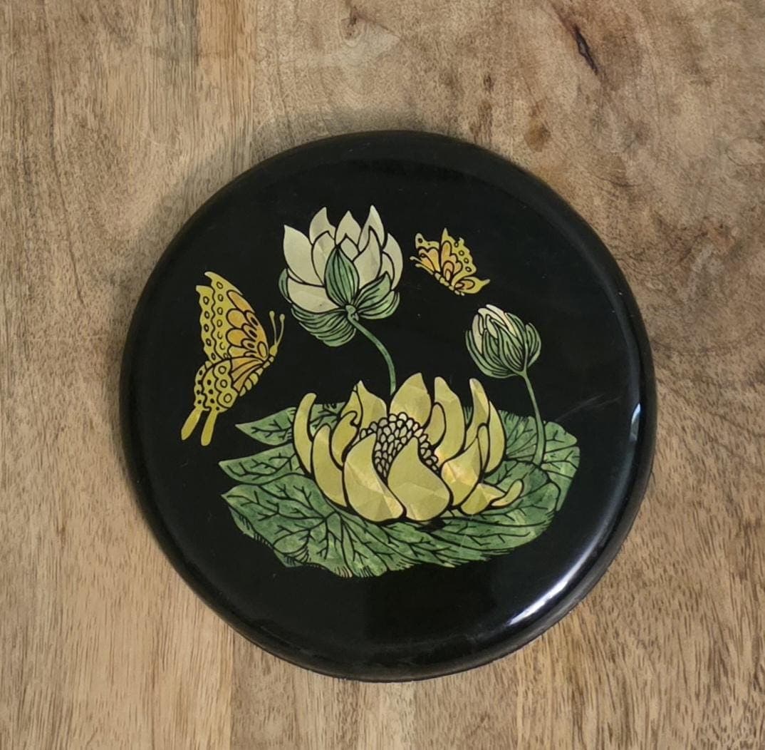 Vintage Trivet, Black Lucite, Water Lily, Butterfly Trivet