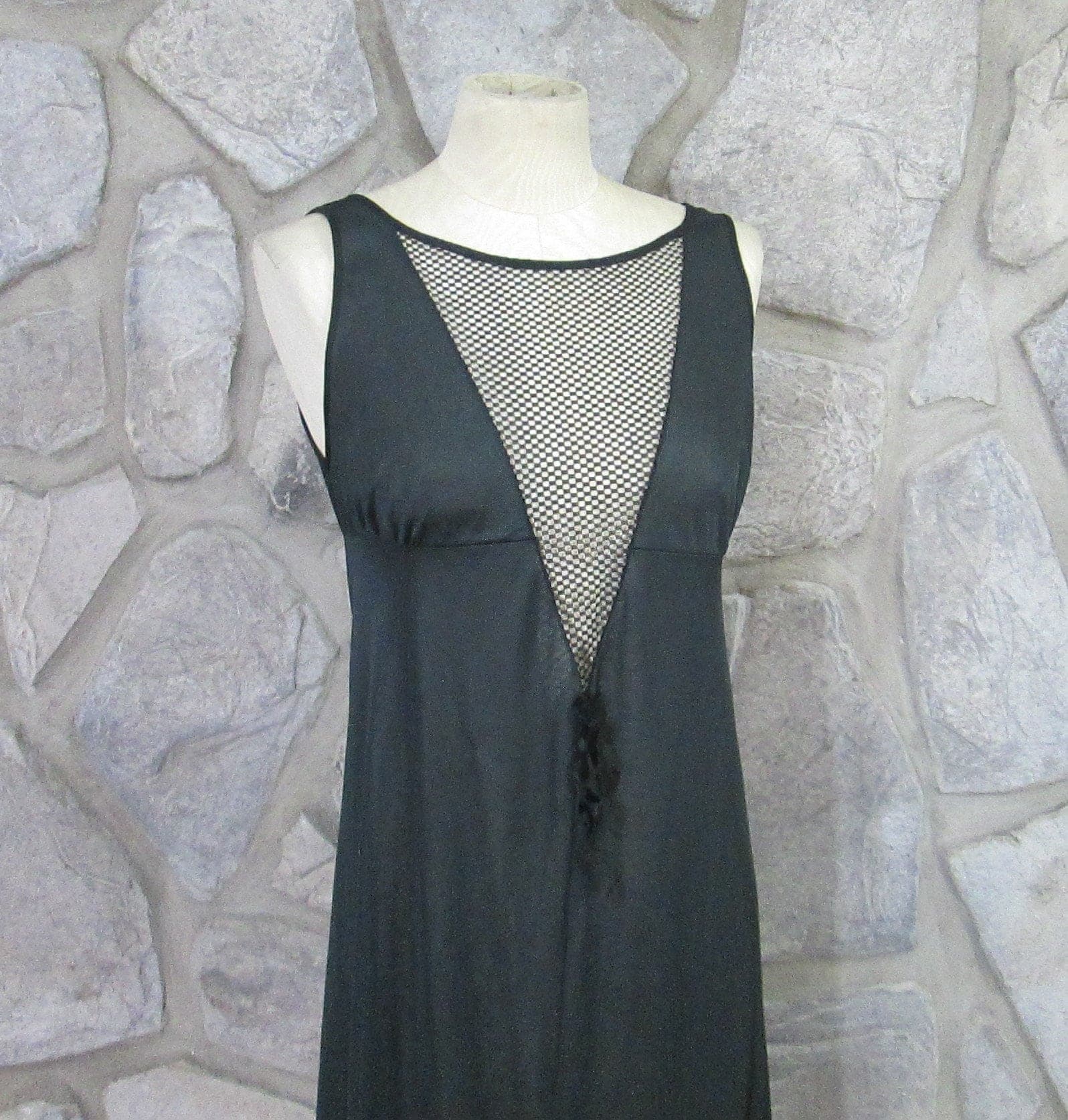 Vintage 60's Black Mesh Front Negligee Nightgown