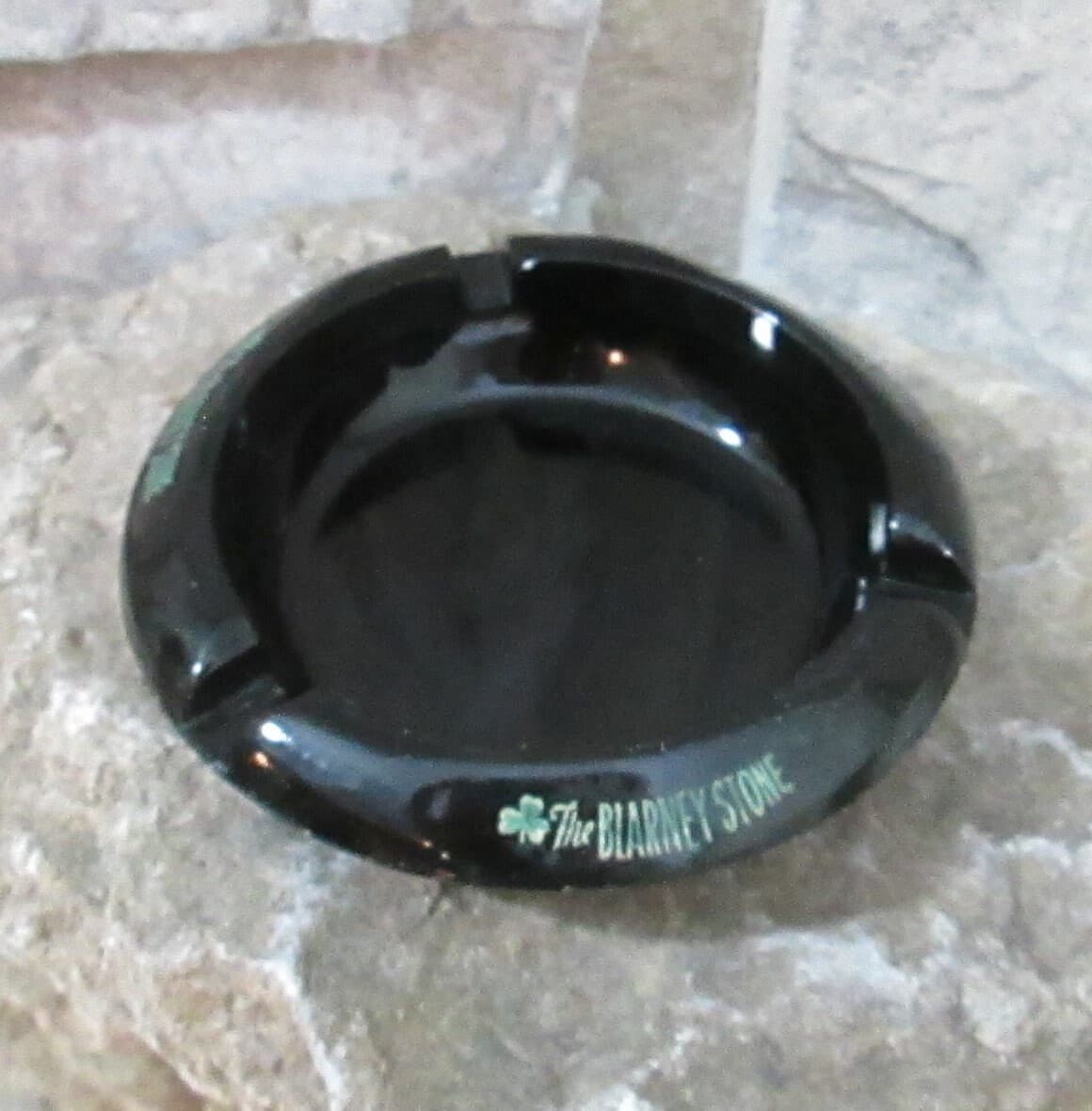 Vintage The Blarney Stone Black Glass Ashtray