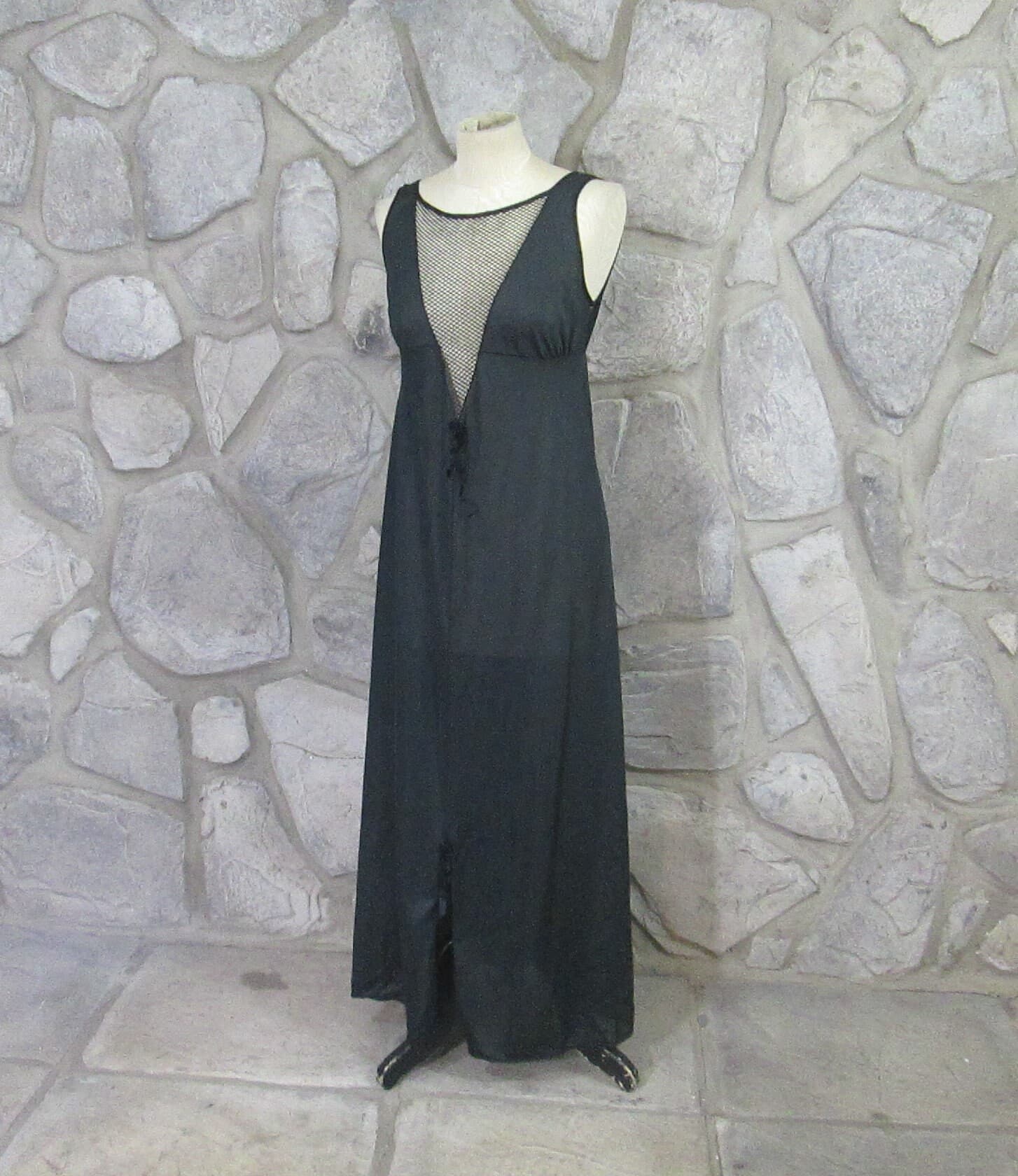 Vintage 60's Black Mesh Front Negligee Nightgown - Thumbnail 2