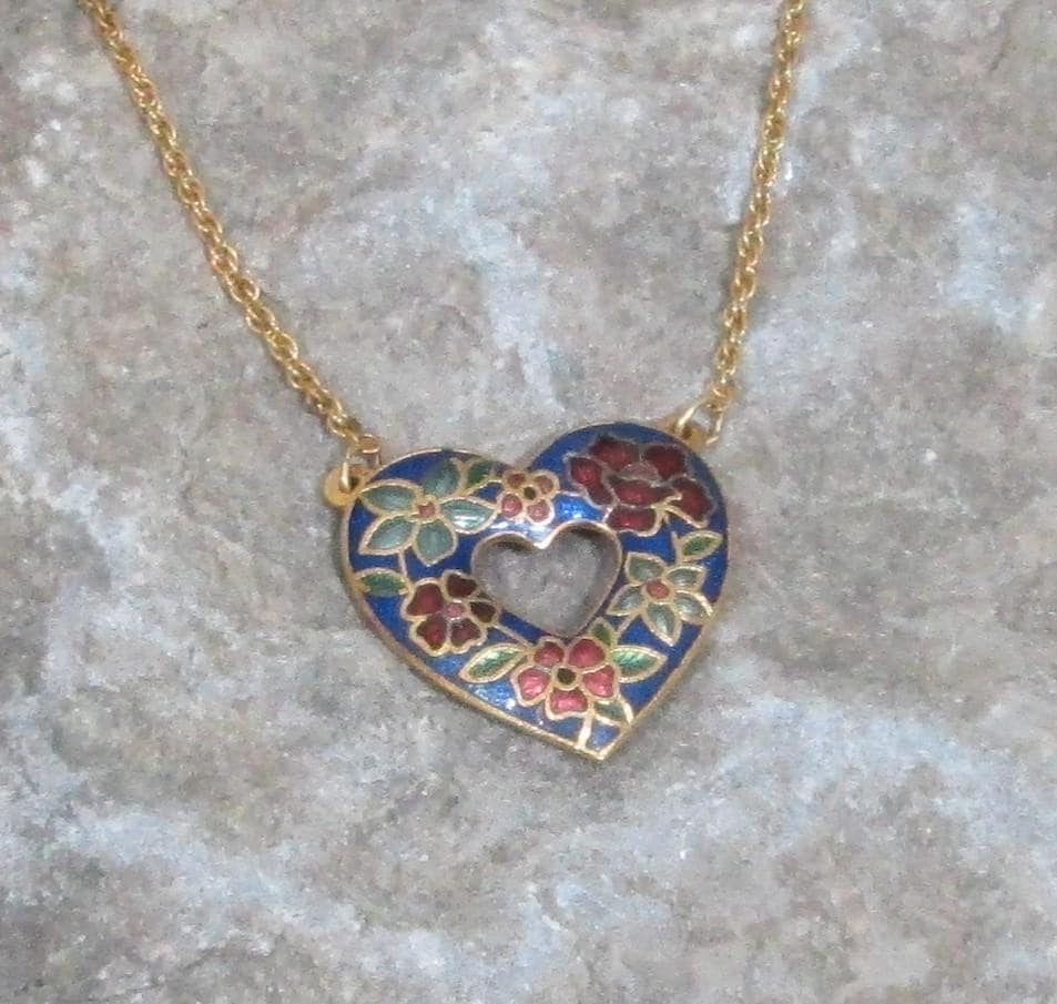 Vintage Blue Heart Cloisonne Necklace