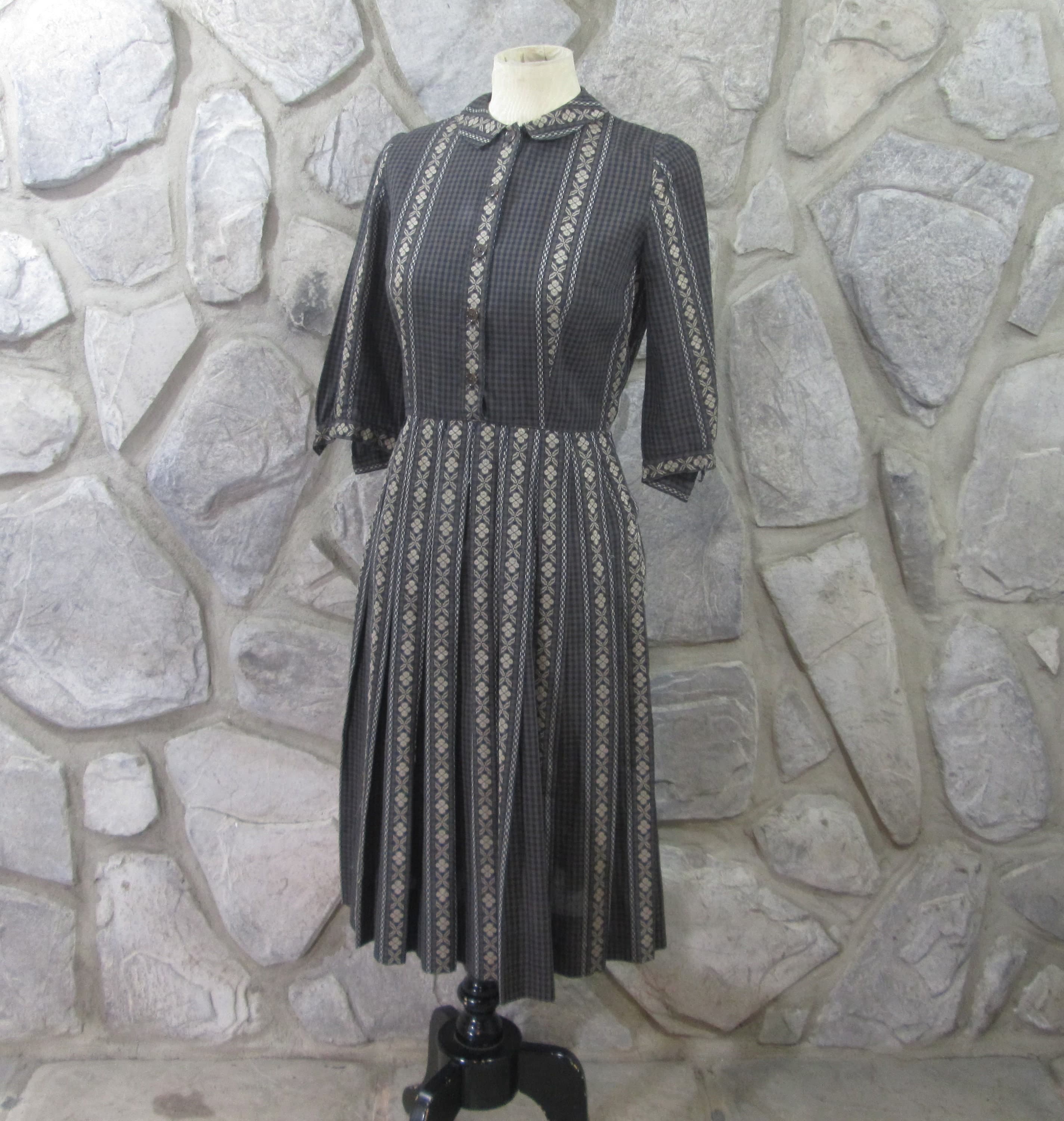 Vintage 1950's Brown Check Embroidered Look Shirtwaist Dress