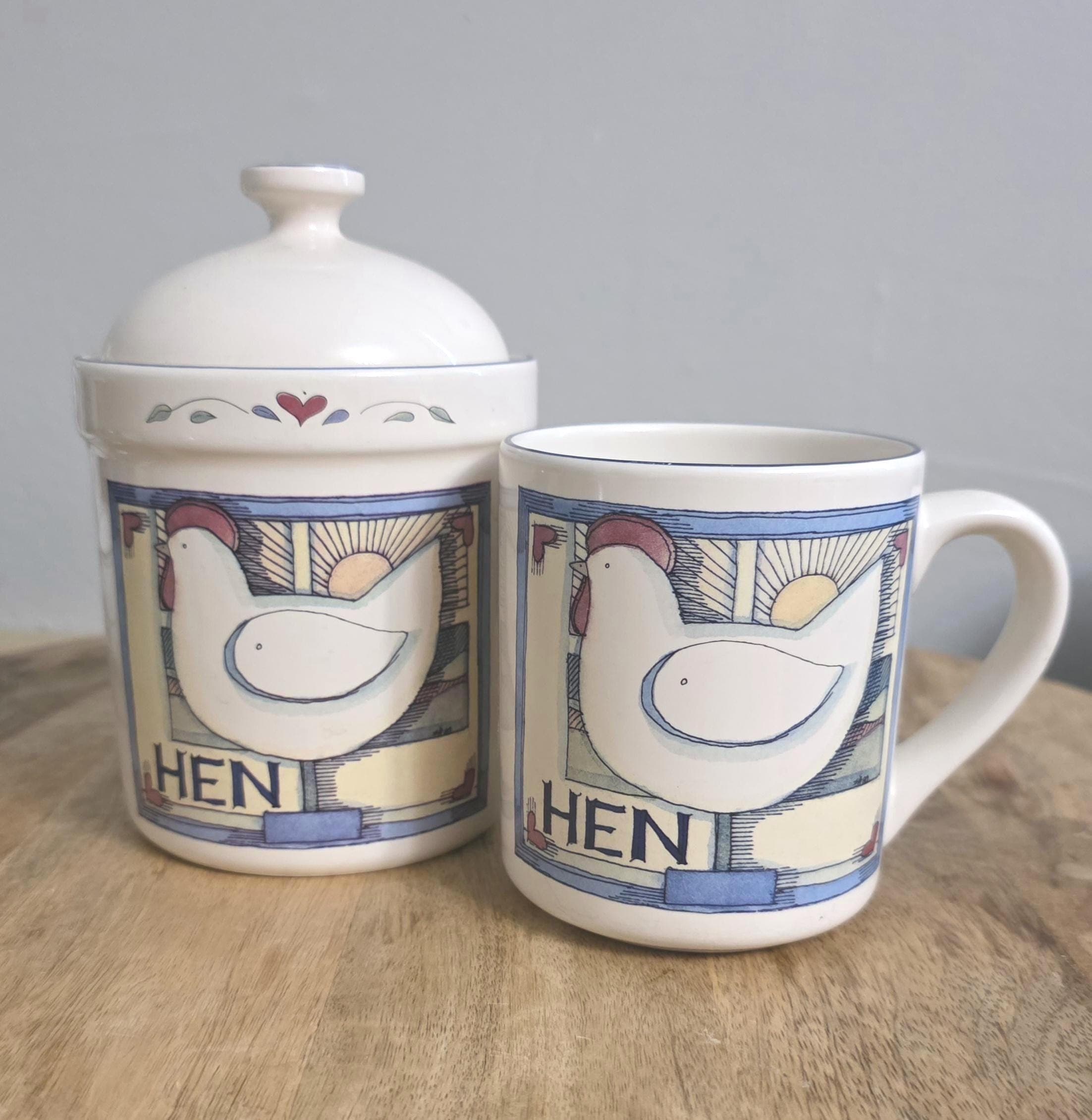 Vintage Farmhouse Decor Hen Design Susan Winget Canister and Mug