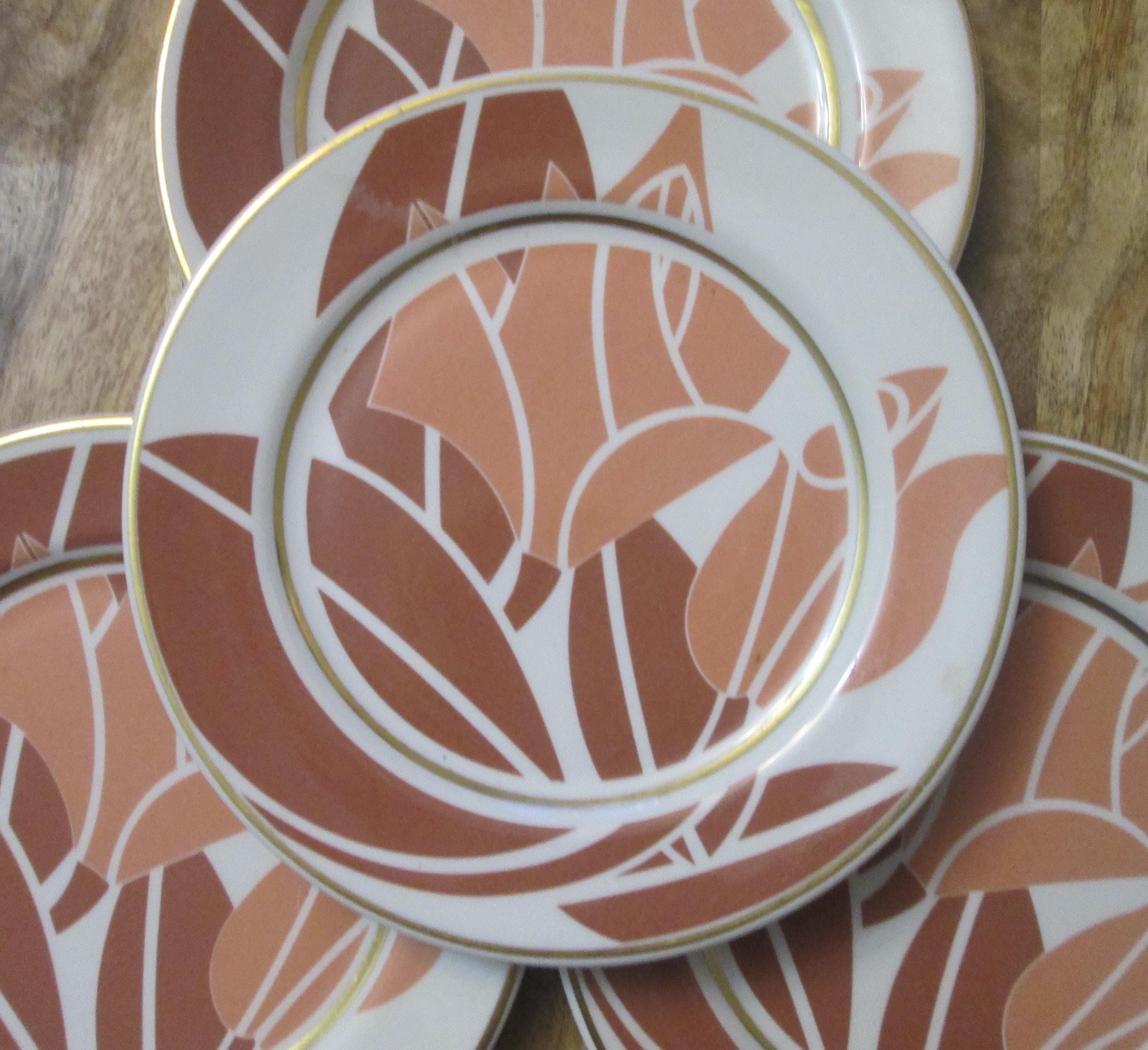 Vintage Syracuse China Restaurant Ware Stenciled Rose Design 8" Plates. Lot of 4
