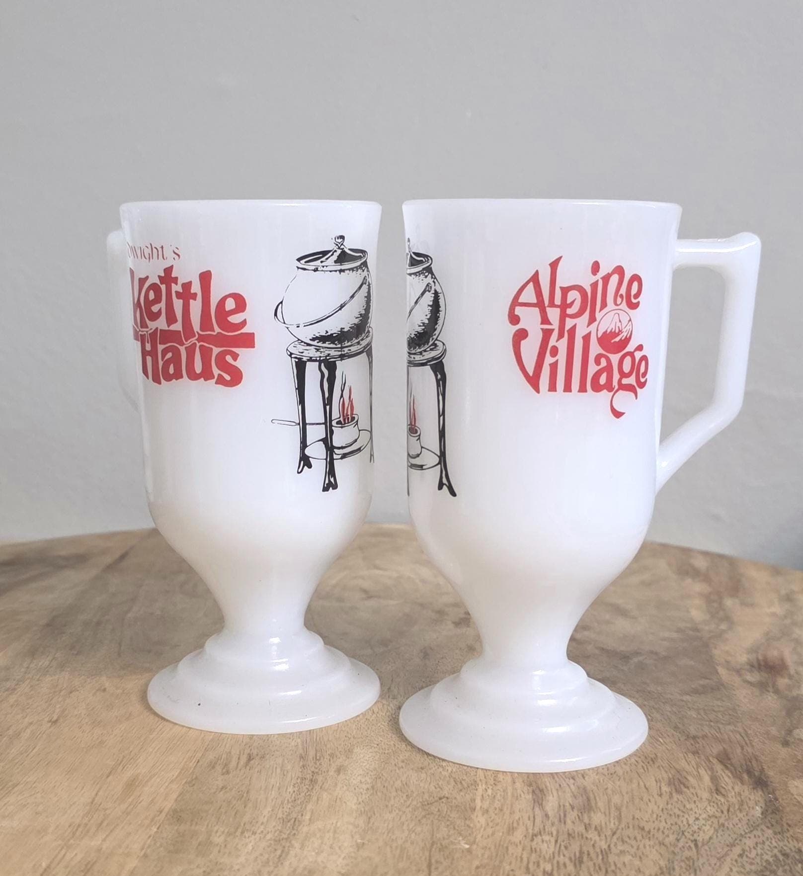 Vintage White Glass Alpine Village Dwight's Kettle Haus Pedestal Mugs
