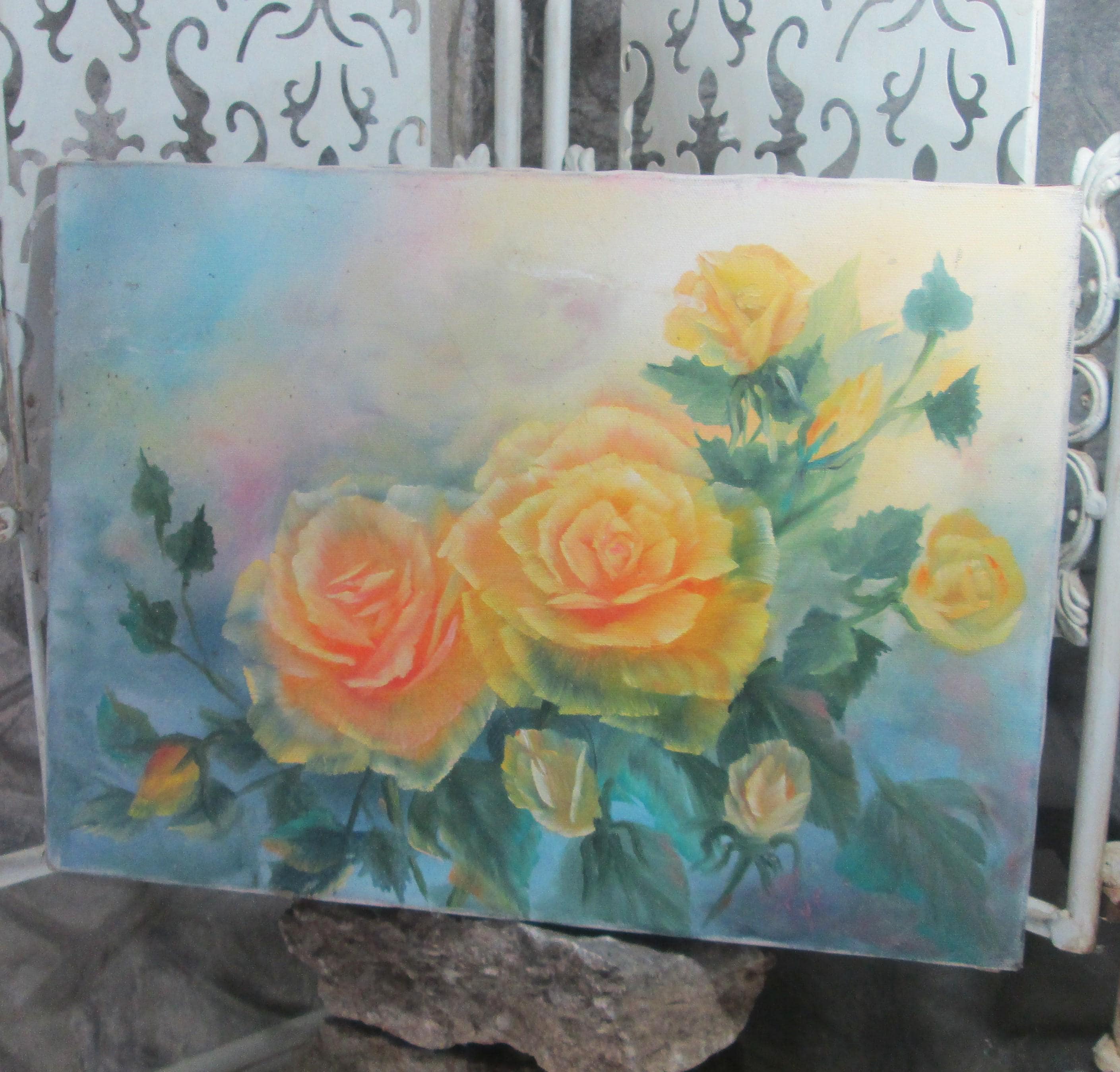 Vintage Ellen Tye Yellow Rose Oil Painting, Signed