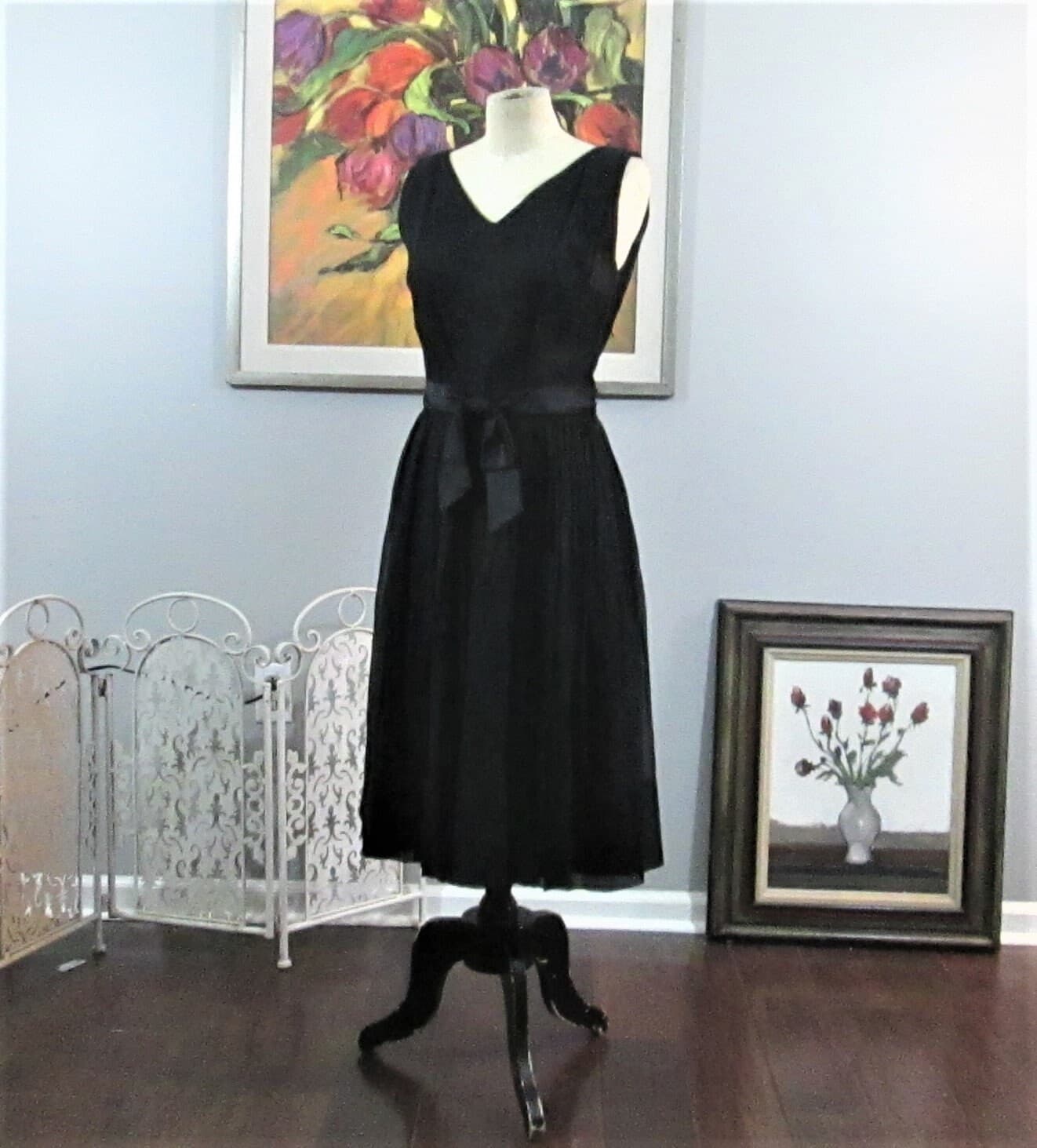 Vintage 1950's Silk Chiffon Black Cocktail Dress with Gold Reverse Jacket - Thumbnail 2