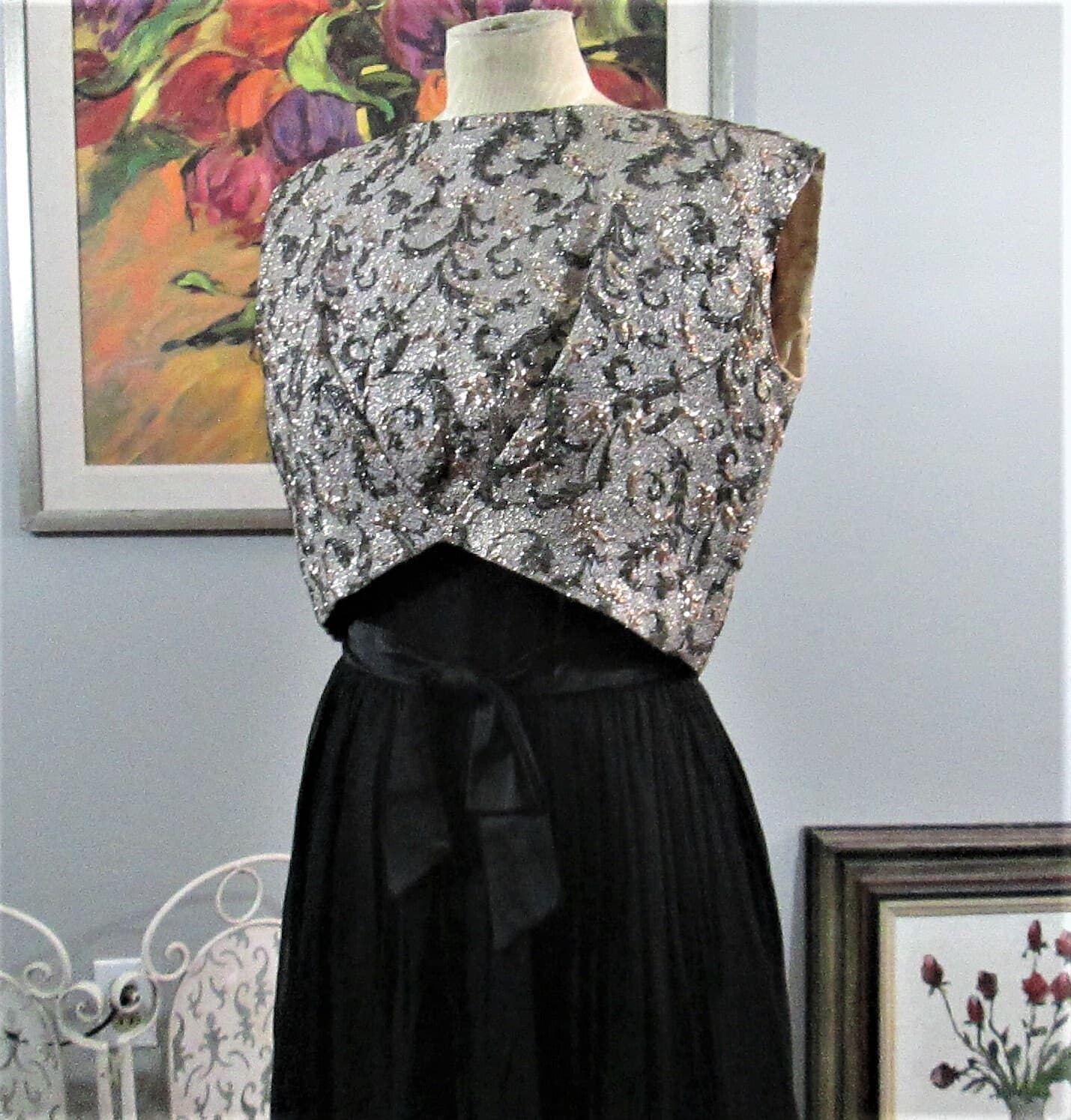 Vintage 1950's Silk Chiffon Black Cocktail Dress with Gold Reverse Jacket - Thumbnail 4